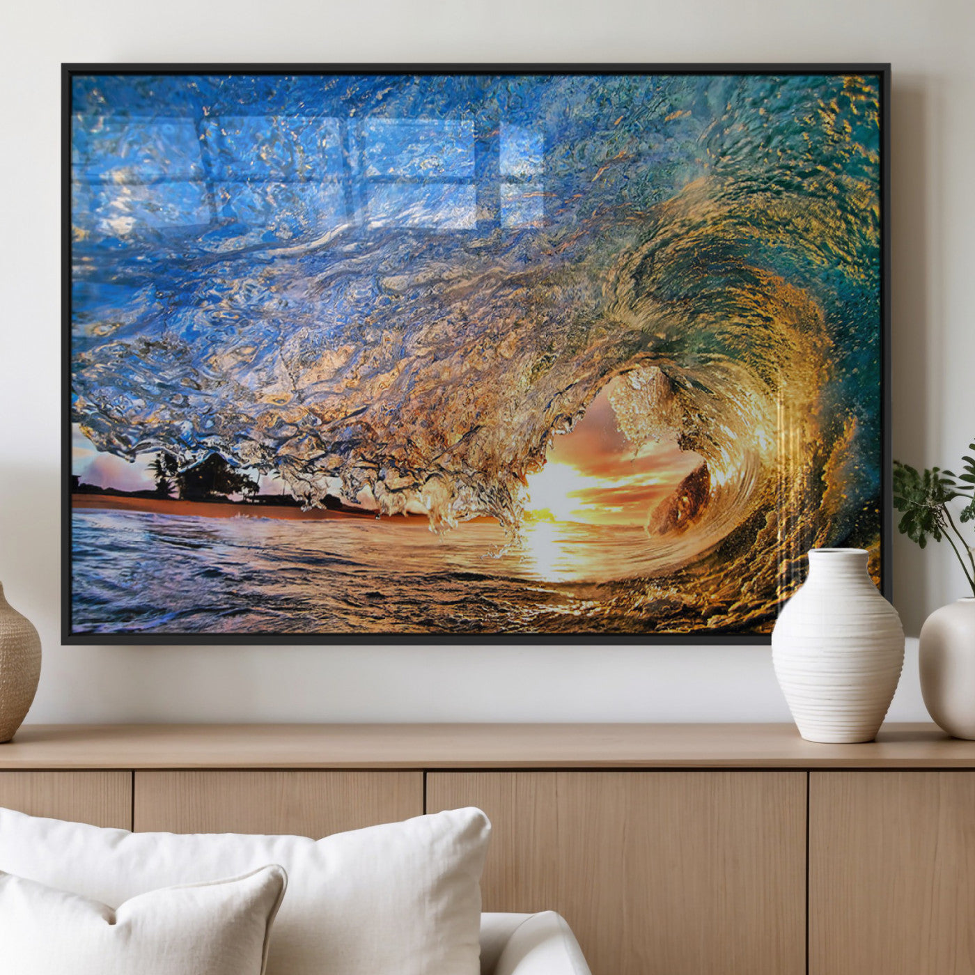 MGV-FP-60X30-3P - Ocean Wave at Sunset Canvas Wall Art – Vibrant Coastal Beach Waves Print, Large Nautical Decor,