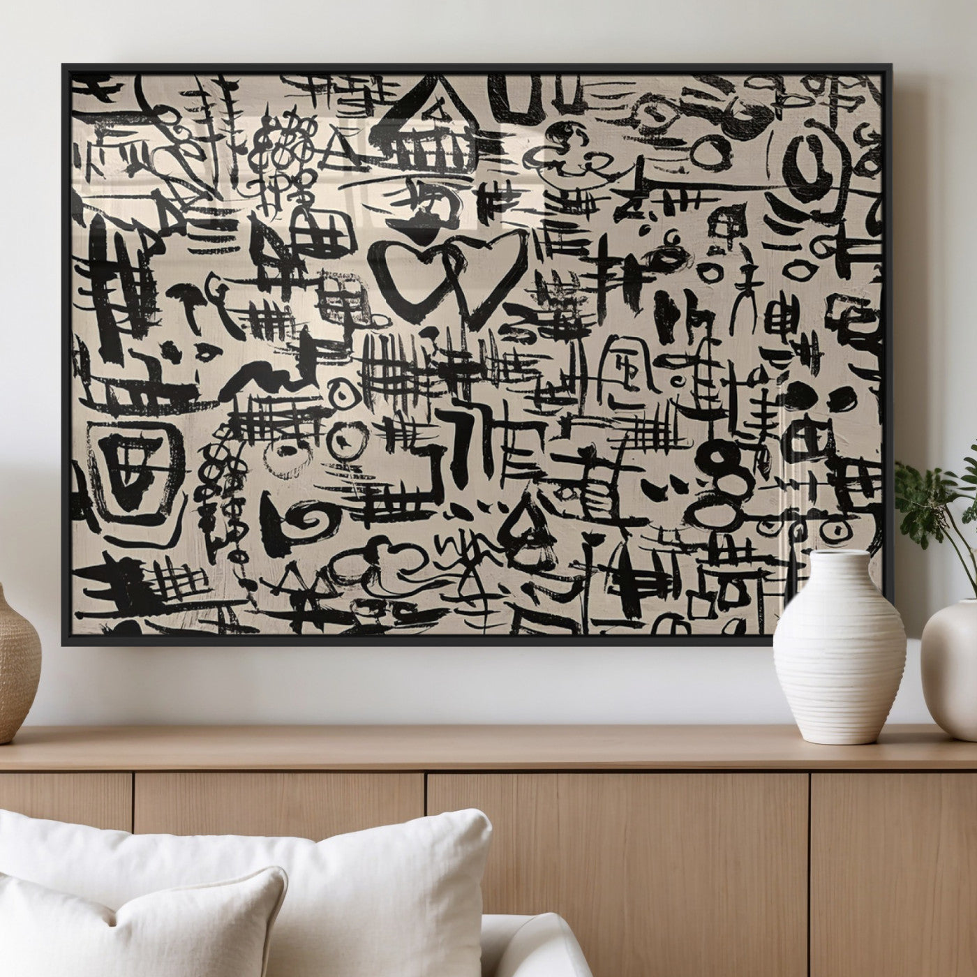 68273-MGV-FP-36X24 - Abstract Love and Chaos Canvas Print, Black Symbols on Beige