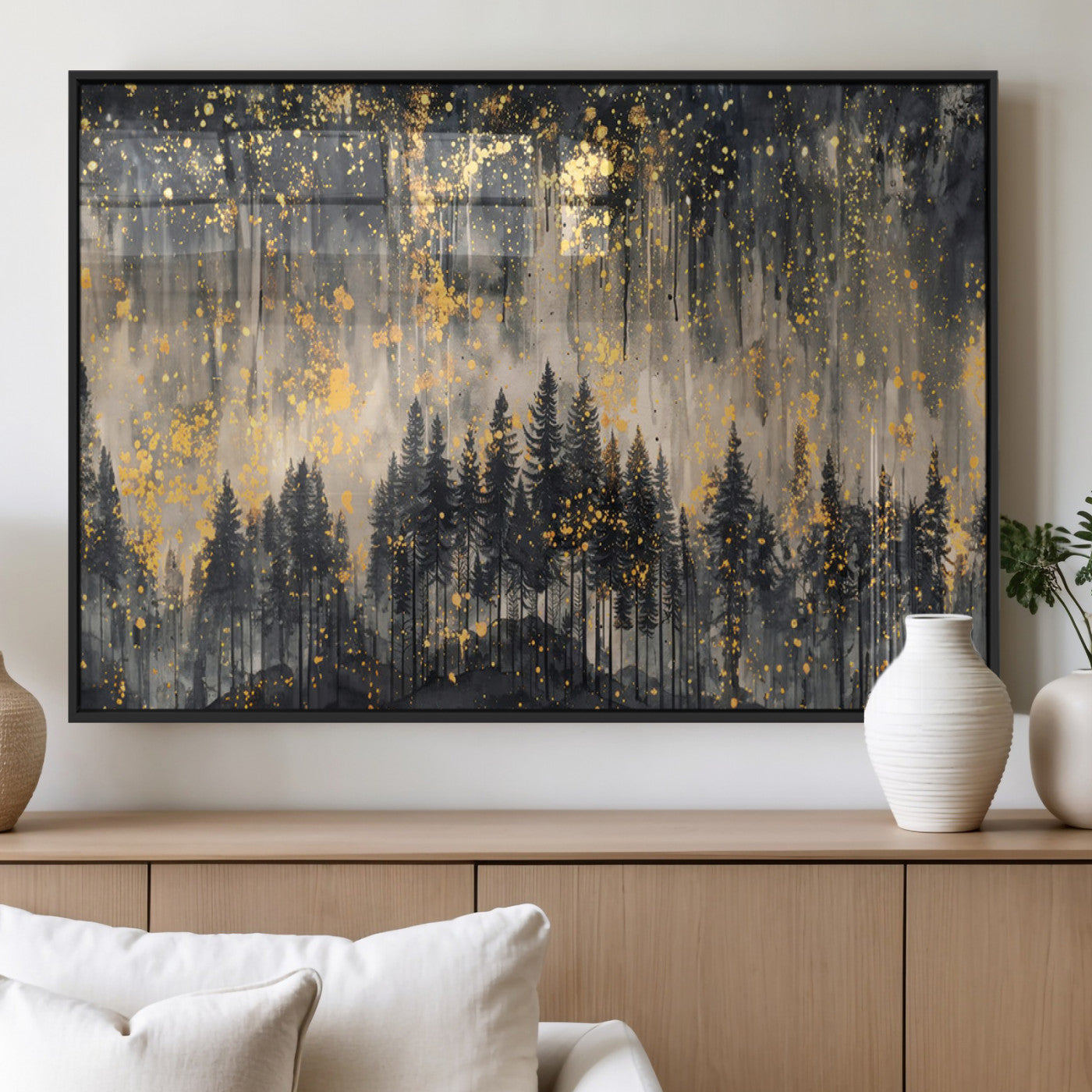 MGV-FP-36X24-3P - Golden Forest Abstract Wall Art | Dark Forest with Gold Splatter Accents | Triptych Ready to Hang