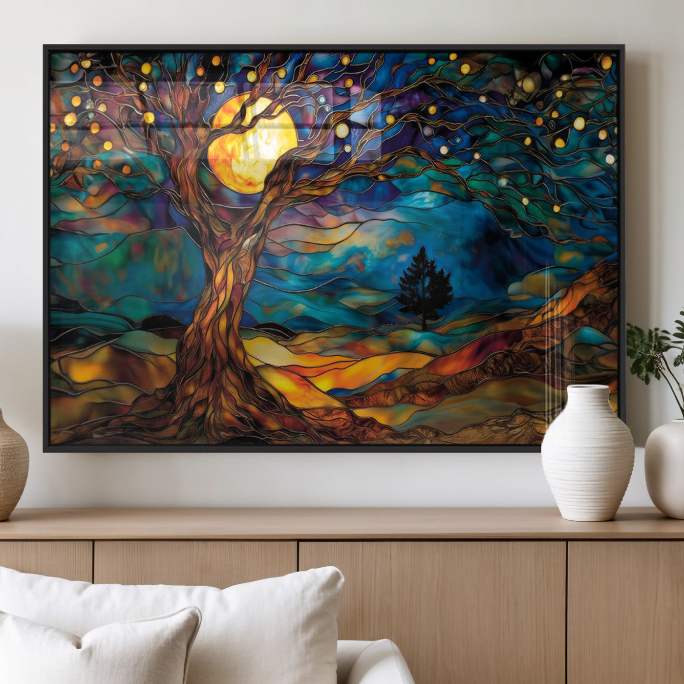 MGV-FP-36X24-3P - Tree of Life Wall Art - Yggdrasil Tree of Life Canvas Print - Vibrant Moonlit Tree Wall Art,  Tree