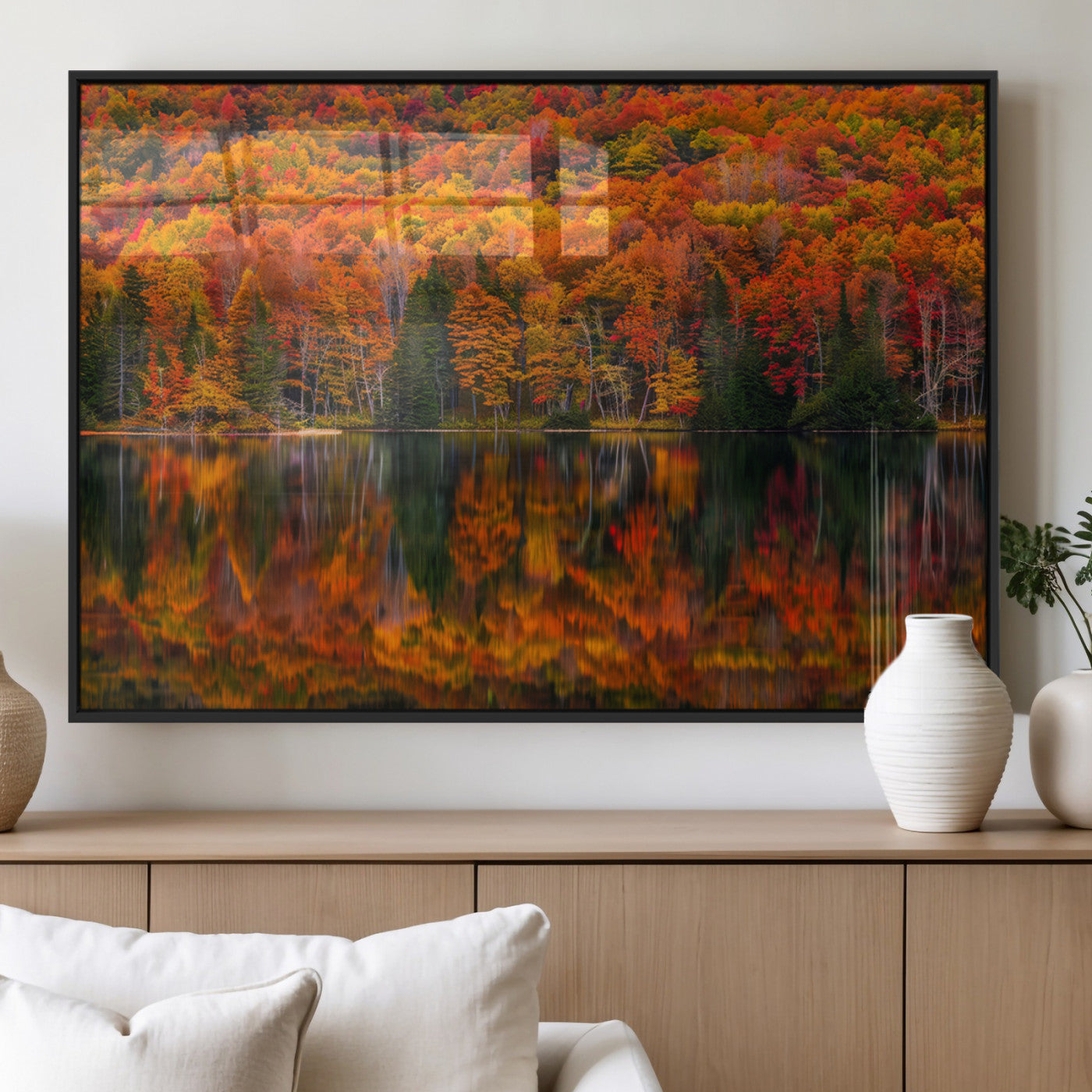 MGV-FP-60X30-3P - Fall Foliage Wall Art - Autumn Reflection Canvas Print, Stunning Fall Foliage Wall Art, Serene Lake