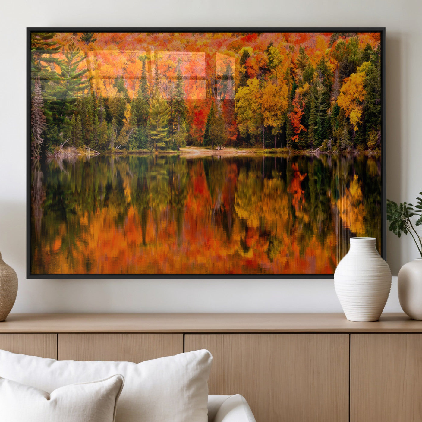 MGV-FP-60X30-3P - Forest Reflection Art | Autumn Forest Reflection Wall Art | Triptych Canvas Print | Vibrant Fall