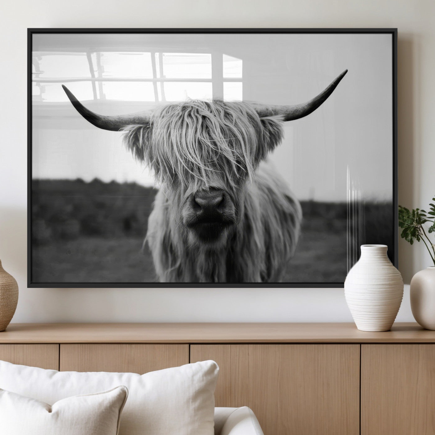 MGV-FP-60X30-3P - Highland Cow Wall Art | Black and White Farmhouse Decor | Triptych Canvas Print | Rustic Barn Decor