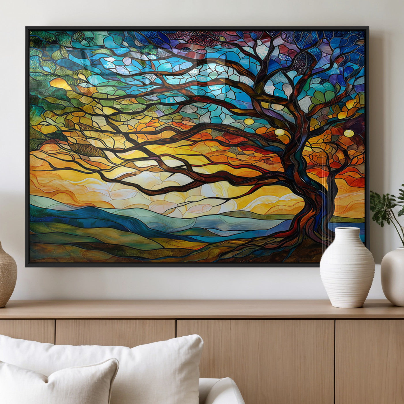 MGV-FP-60X30-3P - Vibrant Mosaic Tree of Life Wall Art | Stained Glass Style Canvas Print | Ready to Hang Artistic