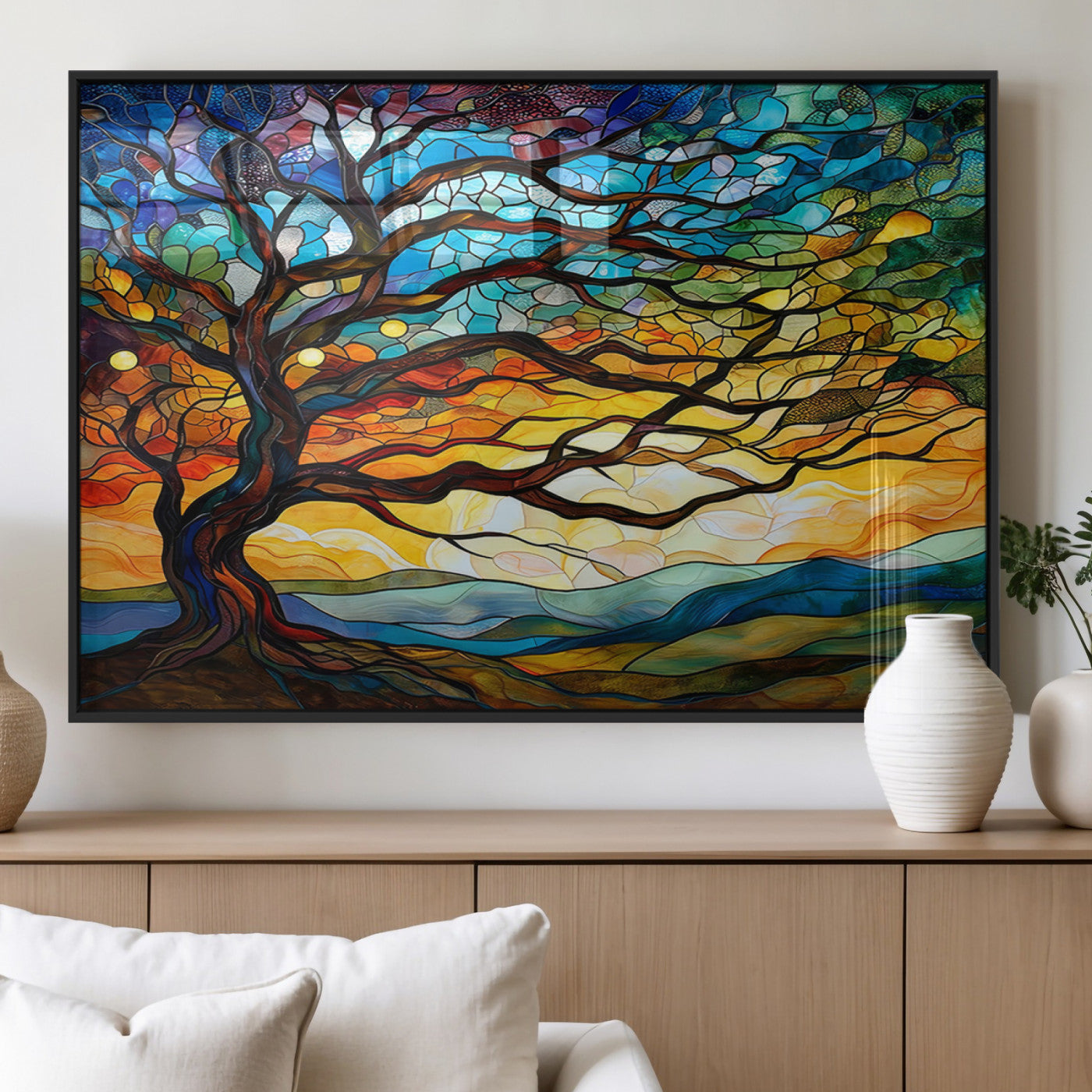 MGV-FP-60X30-3P - Mosaic Tree Wall Art | Ready to Hang Stained Glass Style Canvas Print | Farmhouse Wall Decor, Cabin