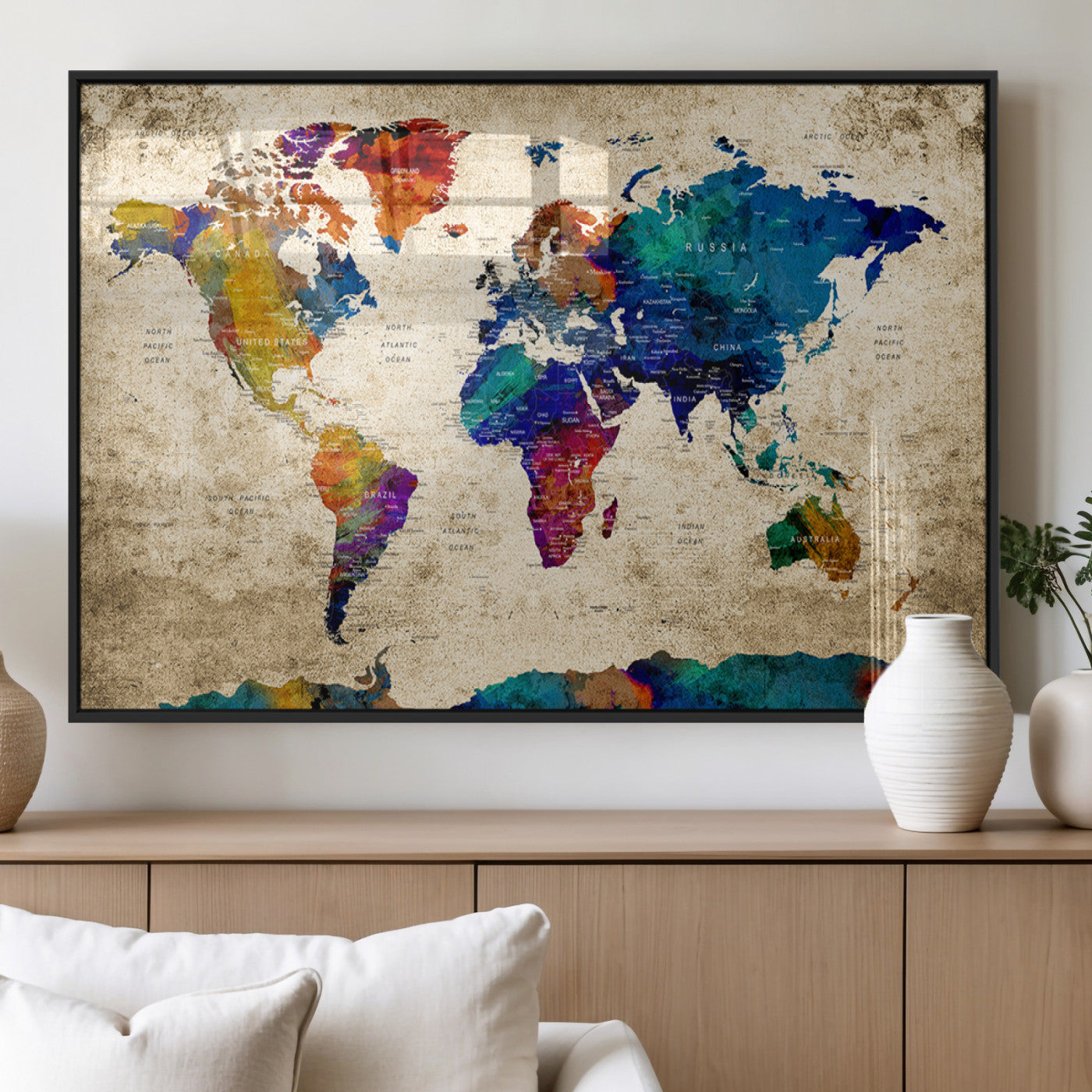 MGV-FP-36X24-3P - Push Pin World Map Canvas Print – Framed Wall Art for Couples to Track Their Travels – Anniversary