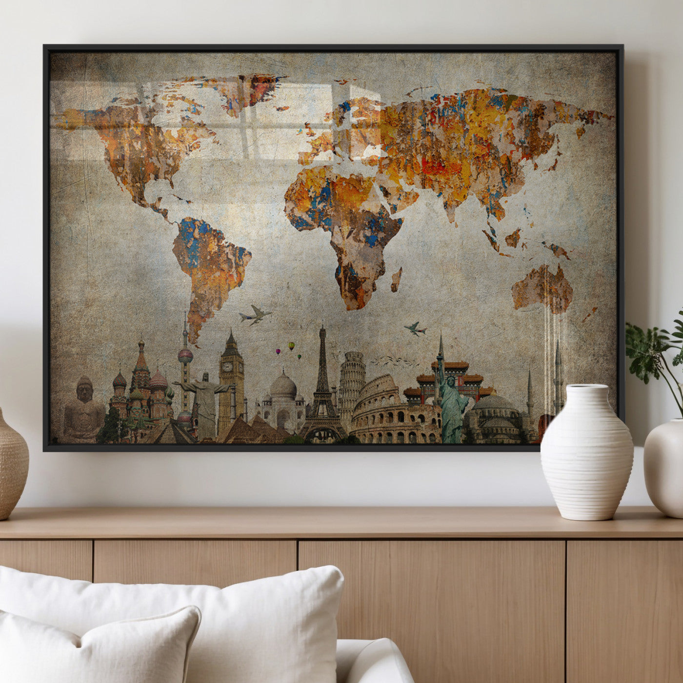 MGV-FP-36X24-3P - Push Pin World Map Canvas Print – Framed Wall Art for Couples to Track Their Travels – Anniversary