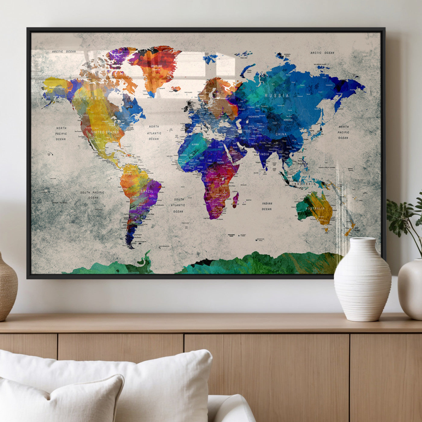 MGV-FP-36X24-3P - Push Pin World Map Canvas Print – Framed Wall Art for Couples to Track Their Travels – Anniversary