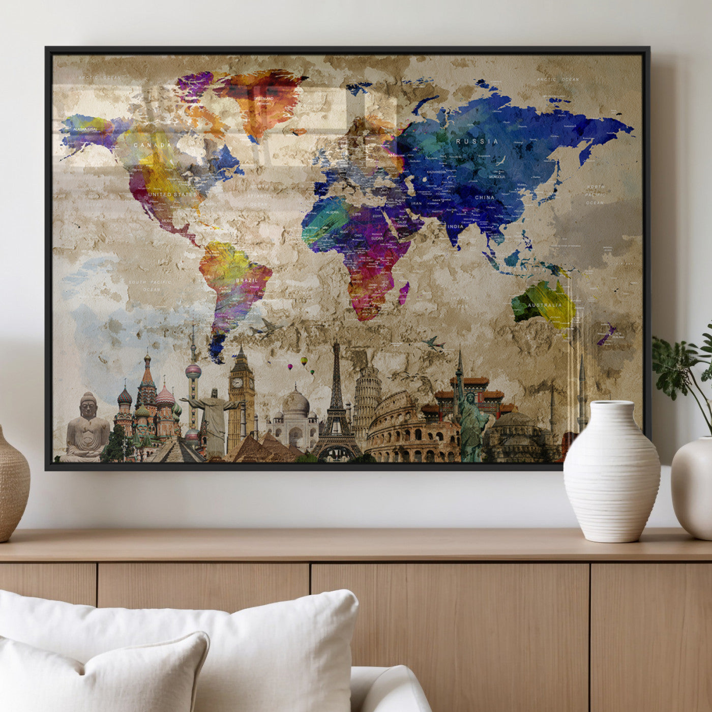 MGV-FP-60X30-3P - Push Pin World Map Canvas Print – Framed Wall Art for Couples to Track Their Travels – Anniversary