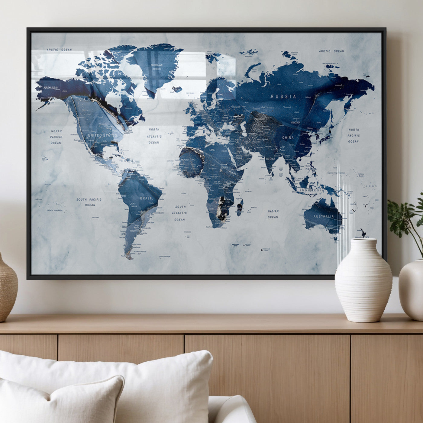 MGV-FP-60X30-3P - World Map Canvas Print – Framed Wall Art Home Adventure Decor