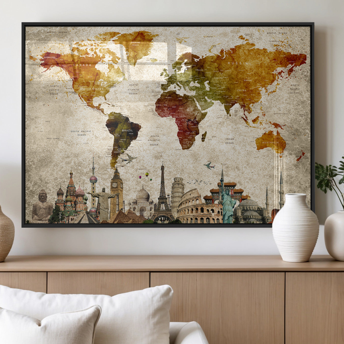 MGV-FP-36X24-3P - Push Pin World Map Canvas Print – Framed Wall Art for Couples to Track Their Travels – Anniversary