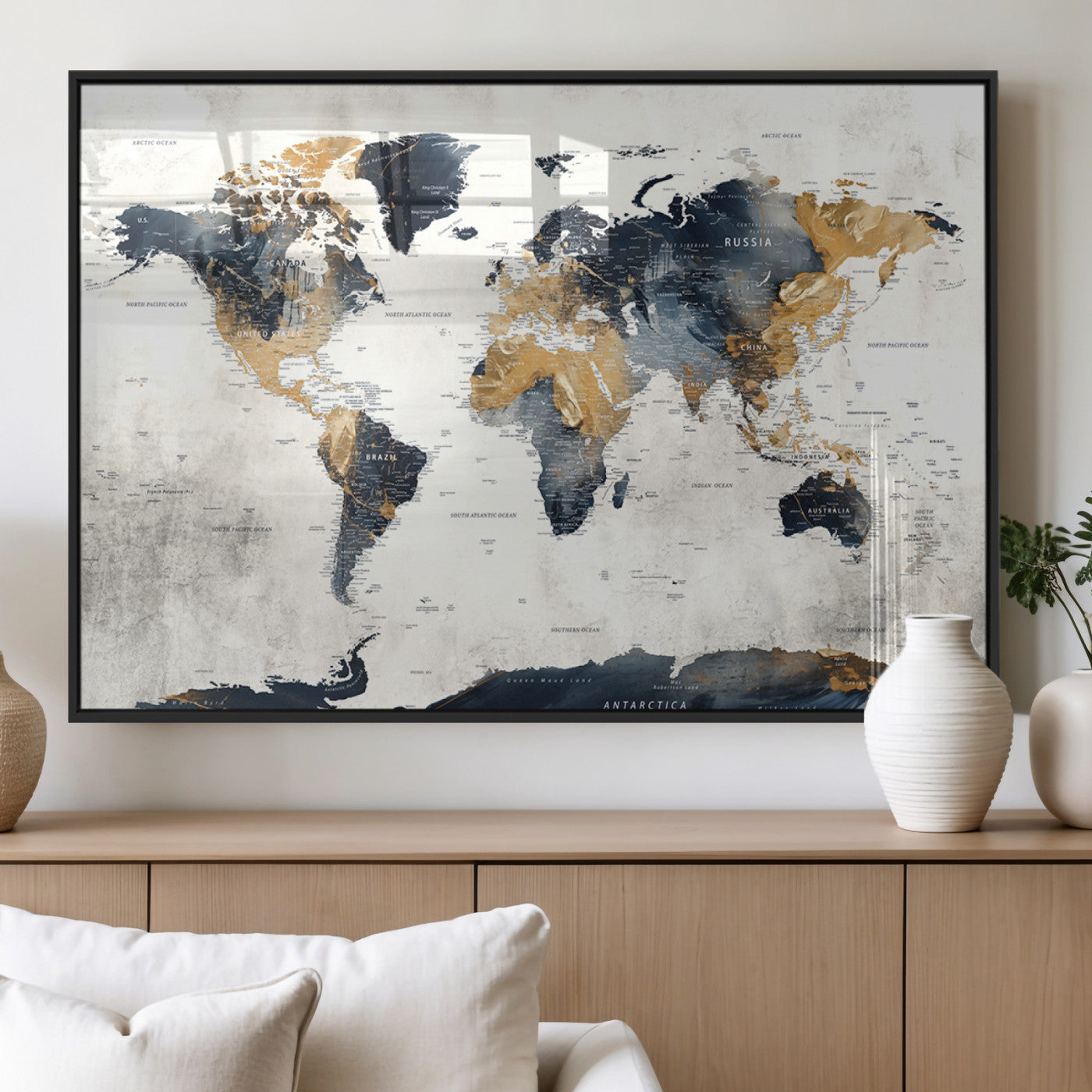MGV-FP-36X24-3P - Push Pin World Map Canvas Print – Framed Wall Art for Couples to Track Their Travels – Anniversary