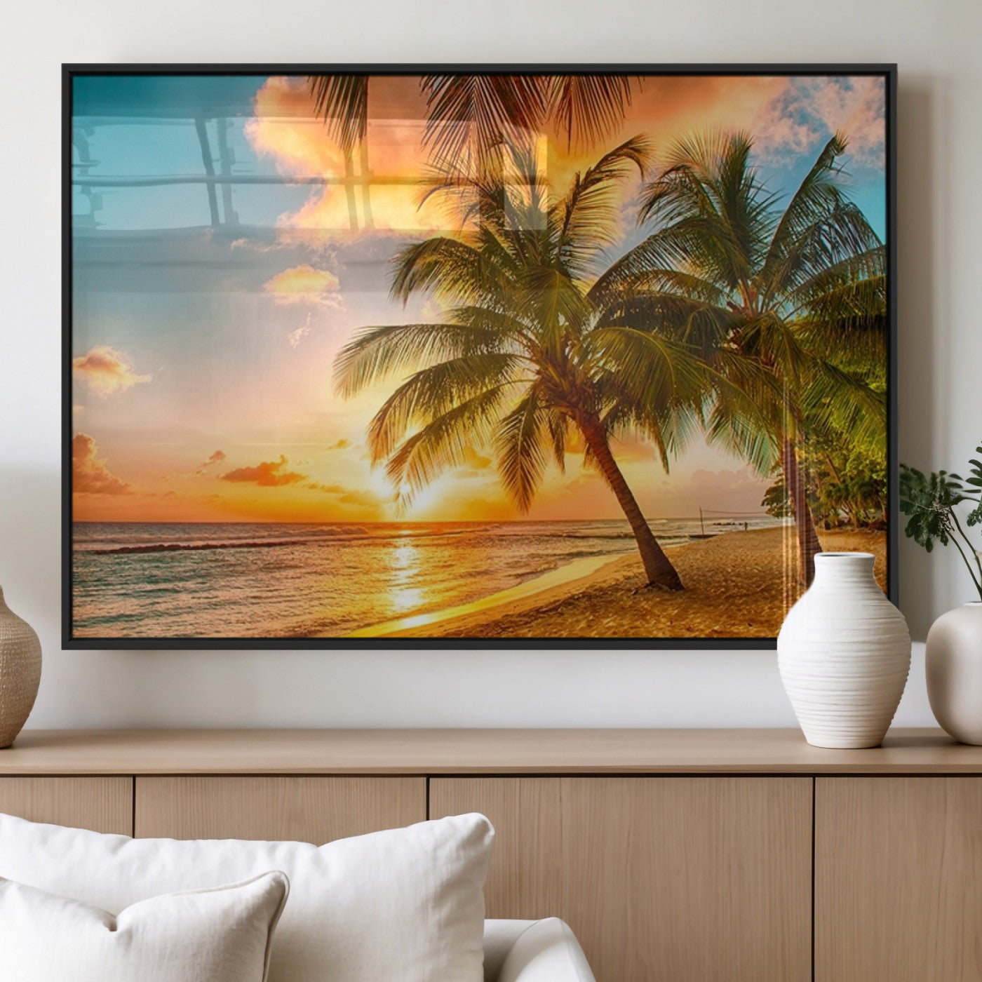 MGV-FP-36X24-3P - Tropical Sunset Beach Canvas Wall Art Print – Vibrant Palm Trees and Coastal Sunset Wall Decor for