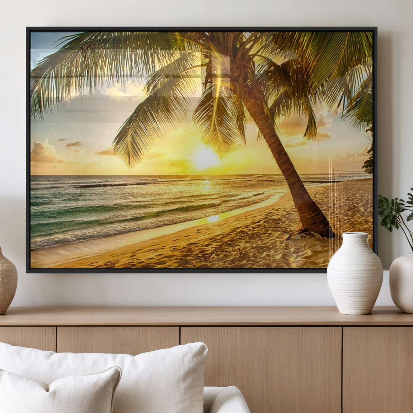MGV-FP-36X24-3P - Beach Sunset Canvas Wall Art Print - Tropical Beach Canvas Wall Art Print – Vibrant Palm Trees and