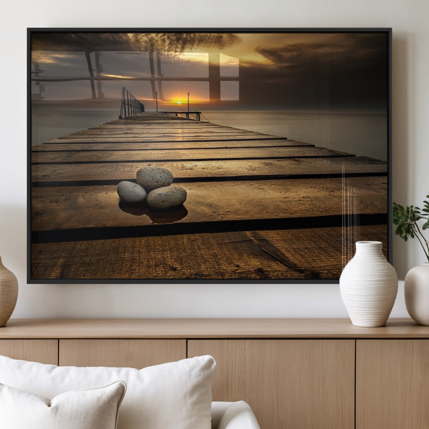 MGV-FP-36X24-3P - Stones on Wooden Pier at Sunset Canvas Print, Serene Coastal Wall Art, Beach Sunset Photography,