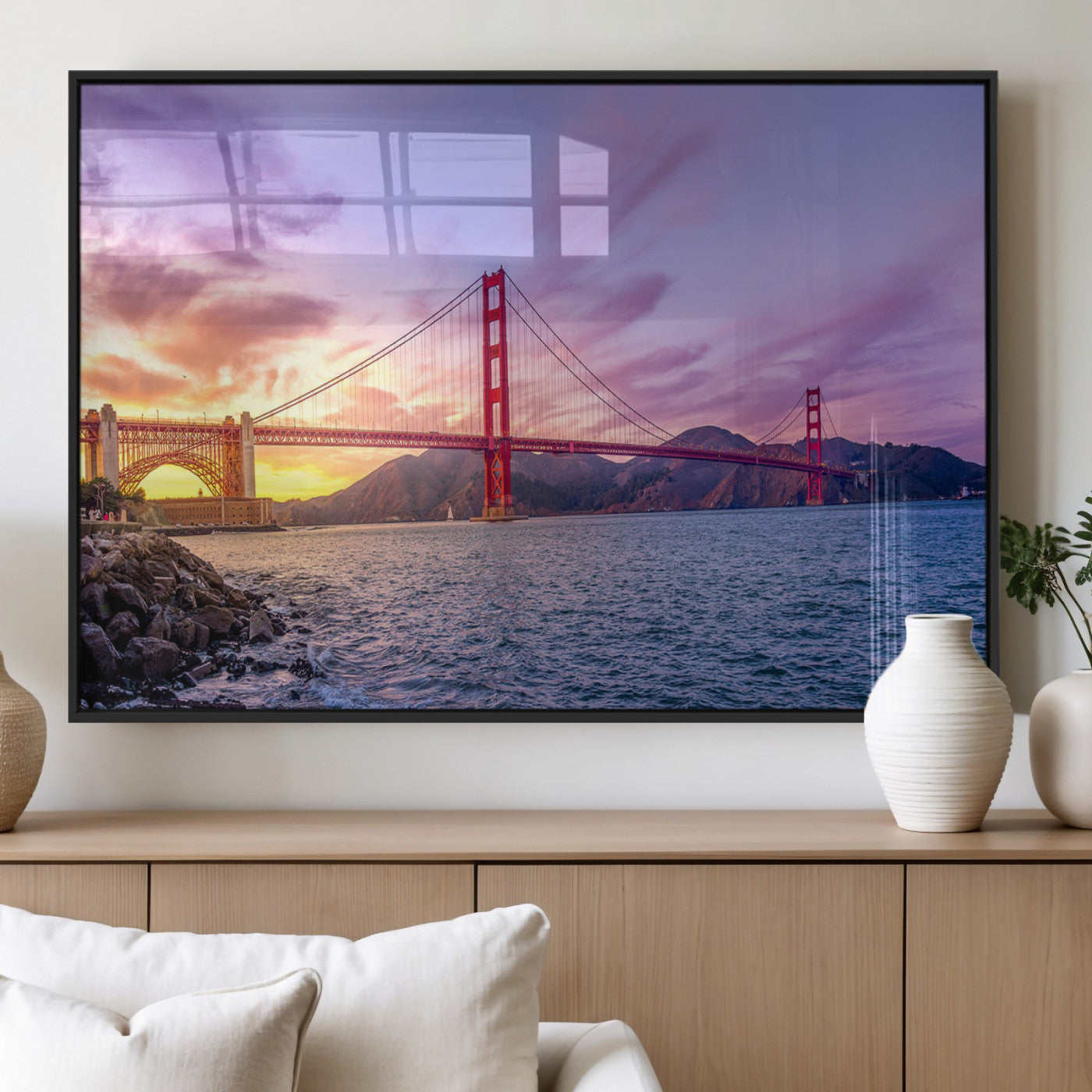 MGV-FP-36X24-3P - Golden Gate Bridge Wall Art Print, San Francisco Sunset Canvas Wall Art, Cityscape Canvas Print for