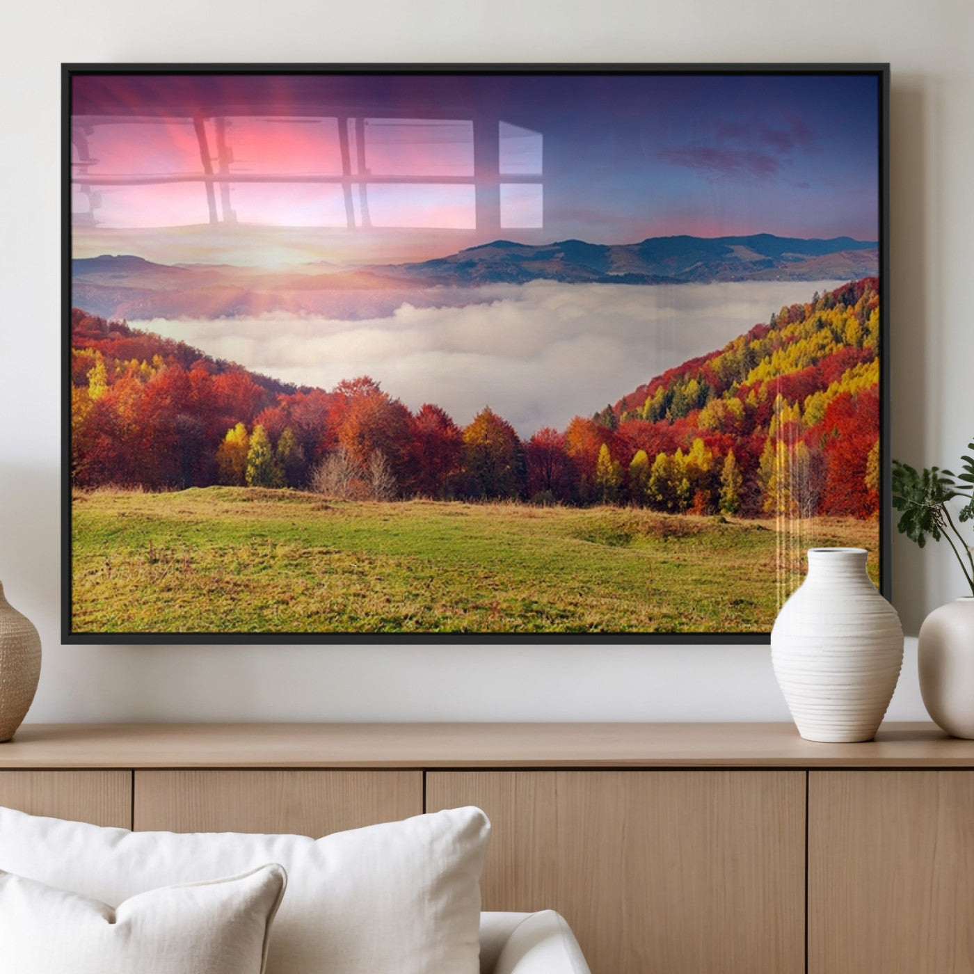 MGV-FP-36X24-3P - Autumn Mountain Foggy Landscape Wall Art Canvas Print | Beautiful Forest Canvas Print | Misty