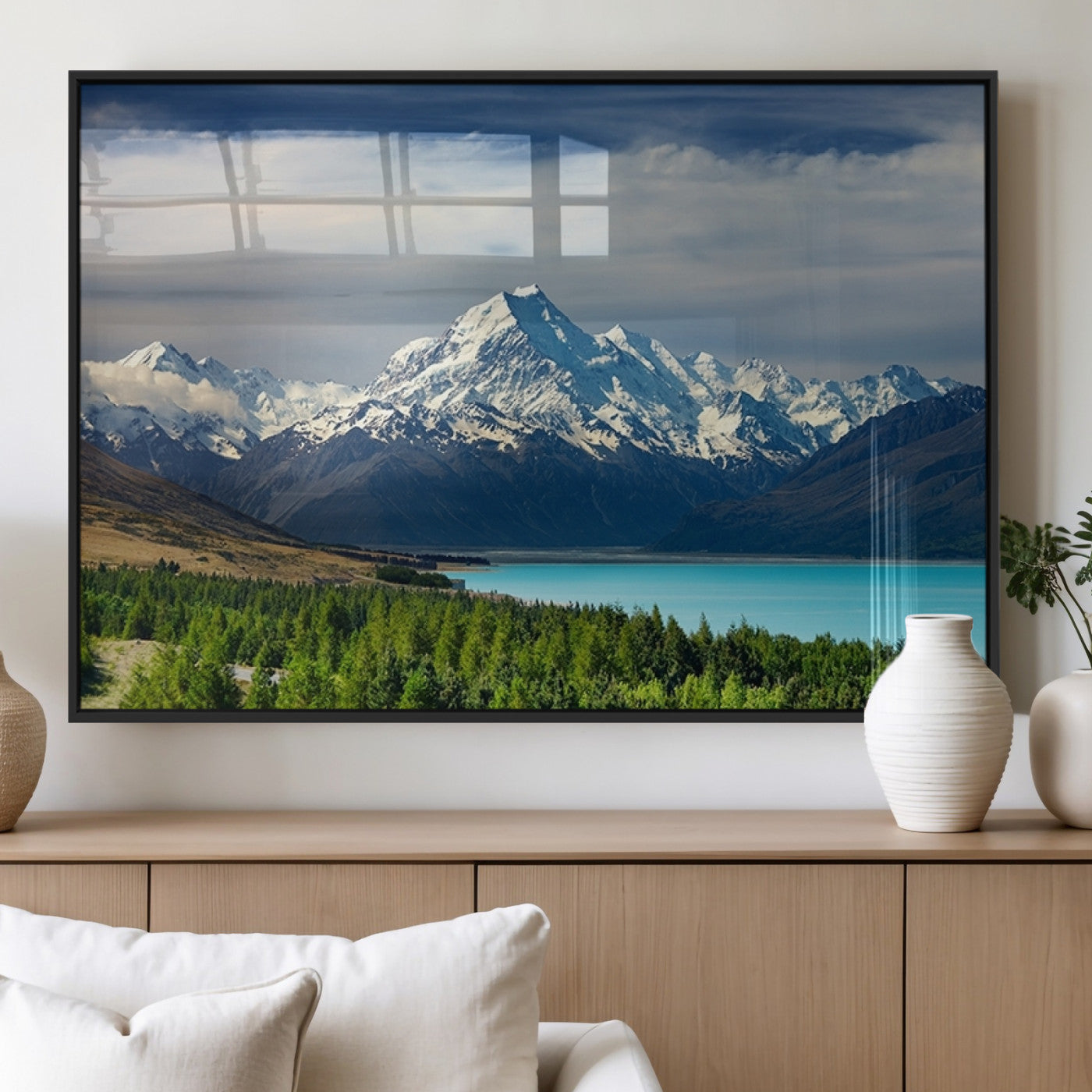 MGV-FP-36X24-3P - Mount Cook and Lake Pukaki Canvas Wall Art Print – Majestic Snow-Capped Peaks and Serene Lake Wall
