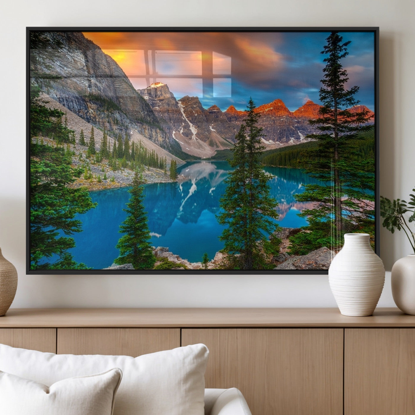 MGV-FP-60X30-3P - Canadian Rockies Moraine Lake Wall Art Canvas Print, Pine Trees Mountain Spring Canvas Print