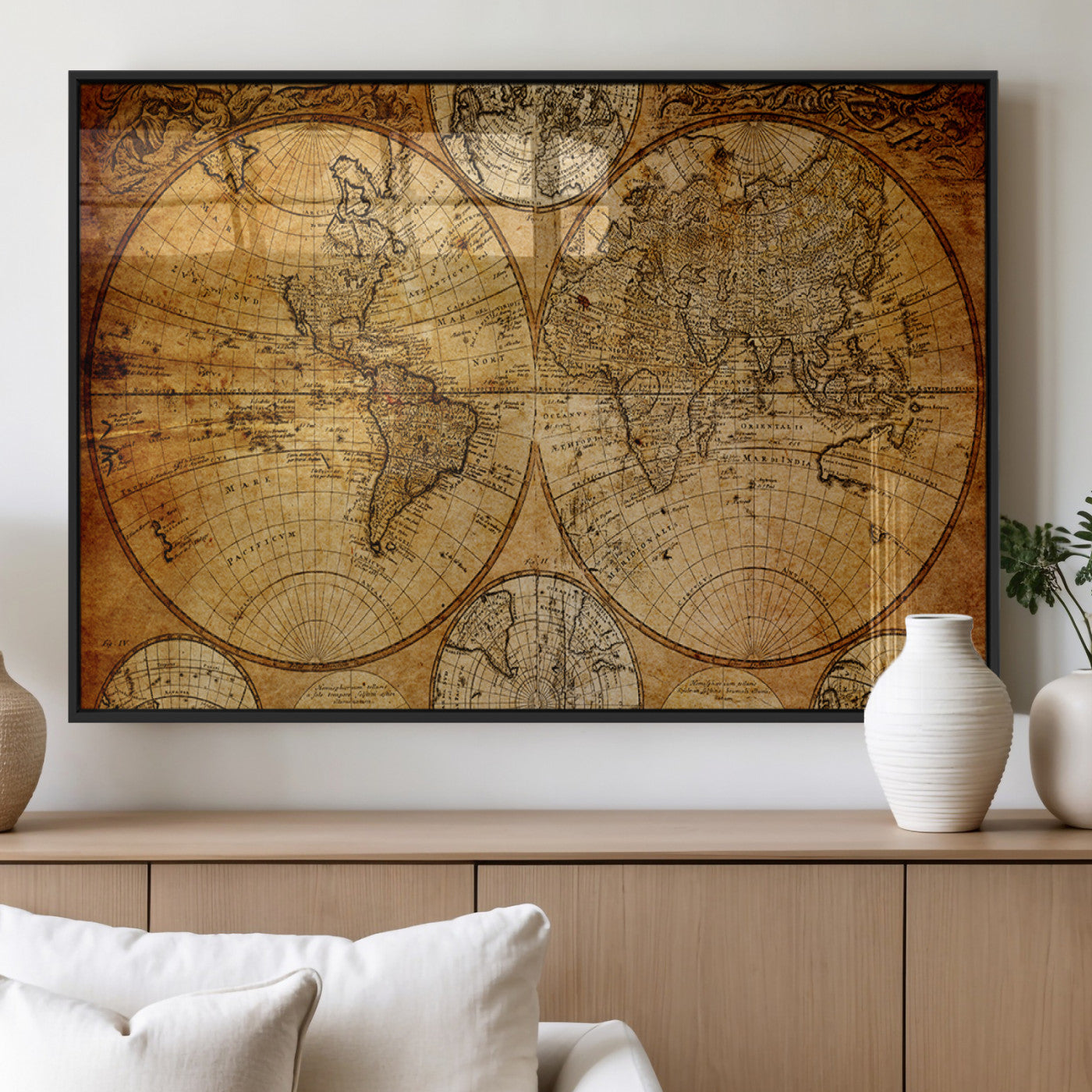 25517-MGV-FP-36X24 - Vintage World Map Canvas Print – Antique Push Pin Travel Map, Framed Wall Art for Home or Office Decor