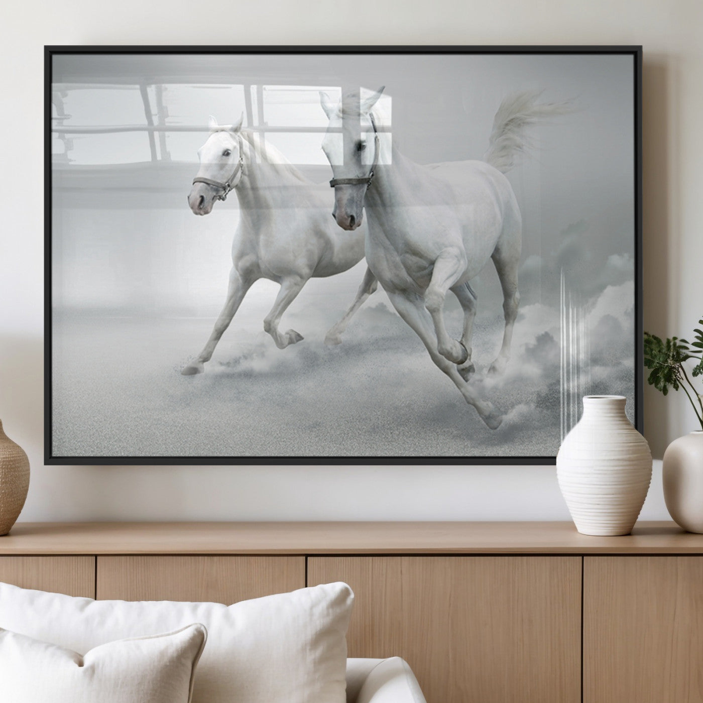 MGV-FP-60X30-3P - Large Wall Art Animal Canvas Print - Beautiful Running White Horses