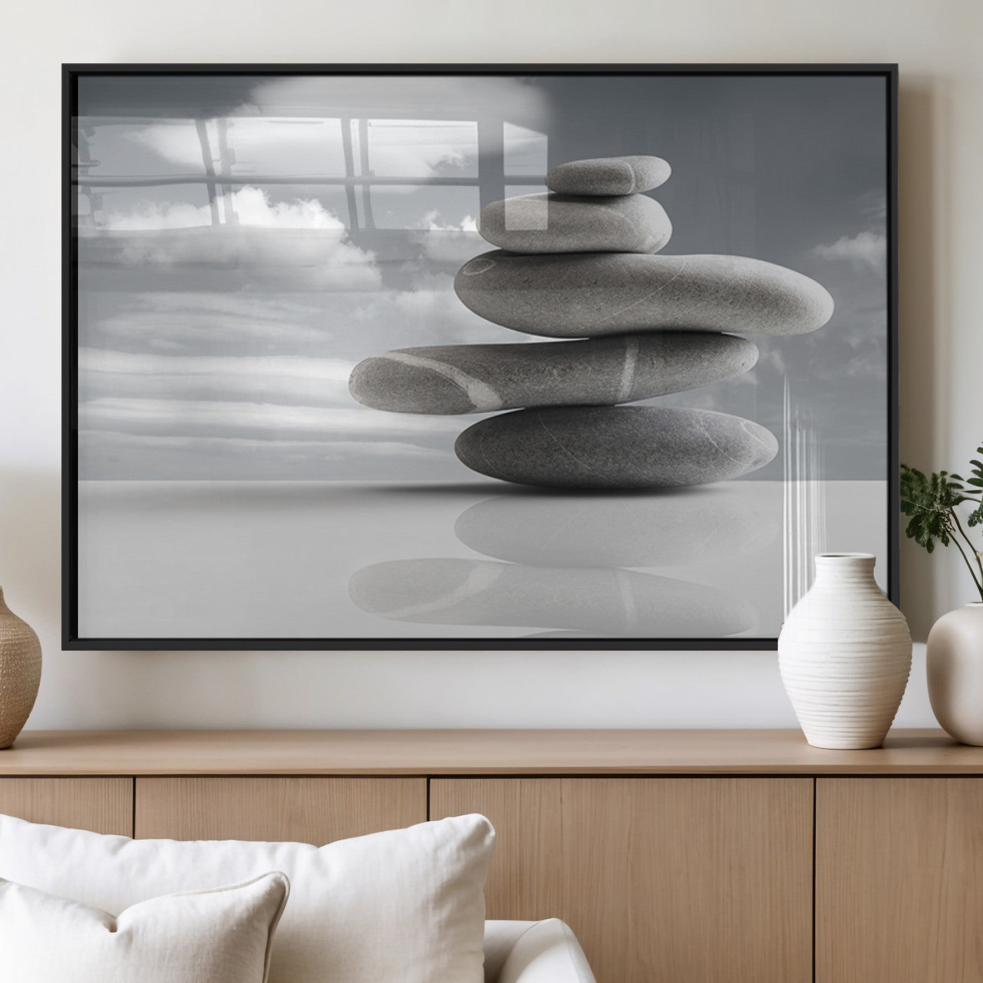 MGV-FP-60X30-3P - Still Life Black and White Zen Stones Wall Art Canvas, Framed Black and White Zen Stones Canvas