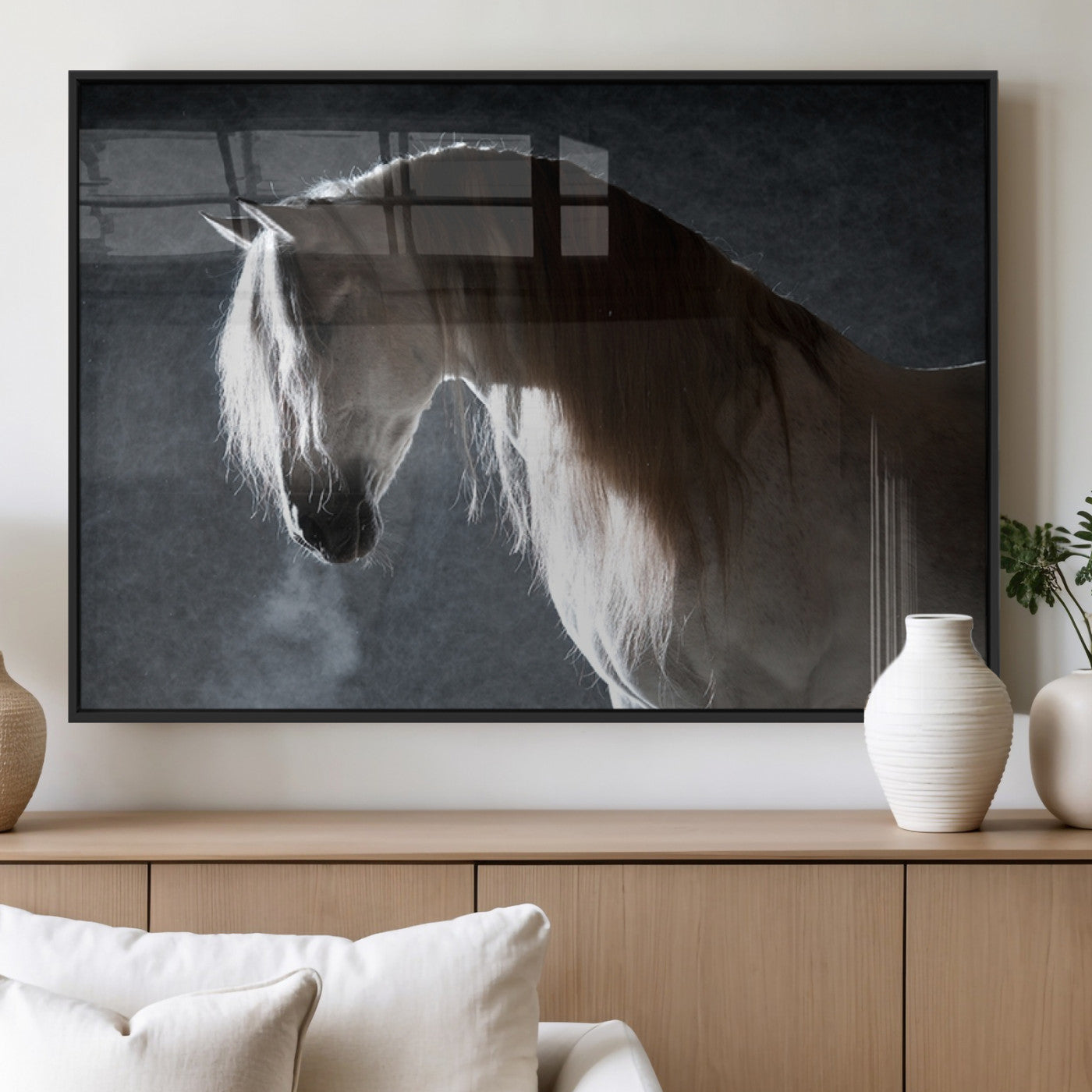 MGV-FP-60X30-3P - Large Wall Art Cream Colored Horse on Grey Background Canvas Print