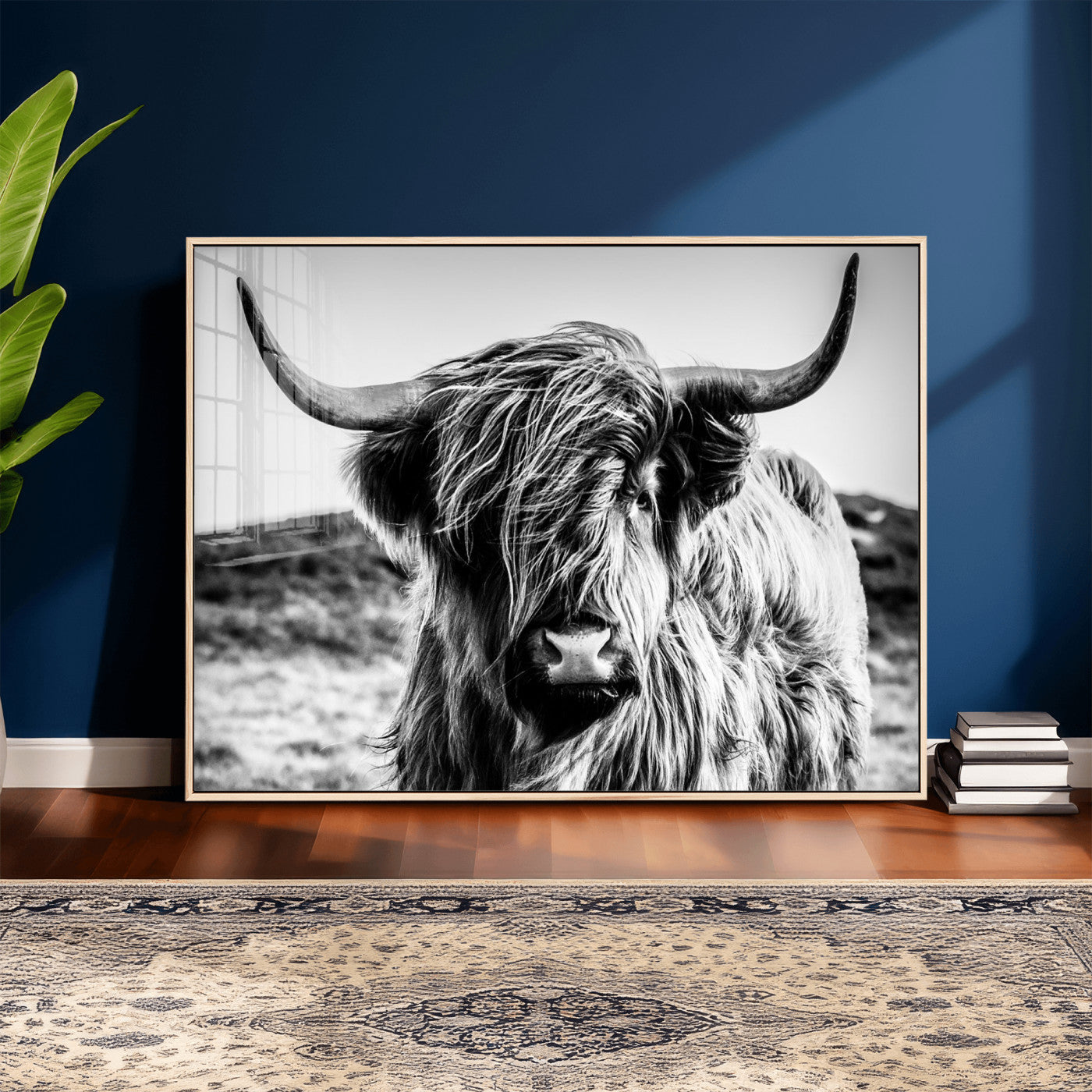 36979-MGV-CV-36X24 - Handsome Scottish Cow Black and White Wall Decor Canvas Art Print Extra Large Wall Art Highland Cattle Canvas Picture Animal Art Nature Photography High Quality Original Canvas Framed Ready to Hang