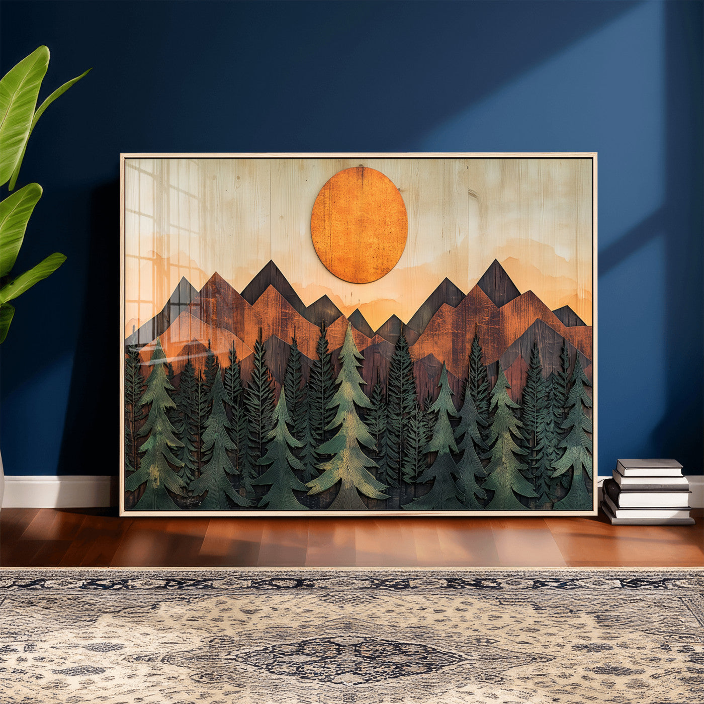 77739-MGV-CV-36X24 - Wood Style Sunset Mountain Landscape Canvas Wall Art Print - Nature Decor for Living Room, Office