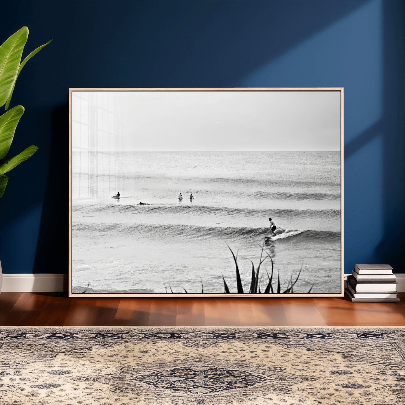 33821421-MGV-CV-36X24 - Surfer Silhouette Wall Art Canvas Print, Framed Calm Ocean Art Picture Print, Monochrome Surf Minimalist Coastal Decor Artwor
