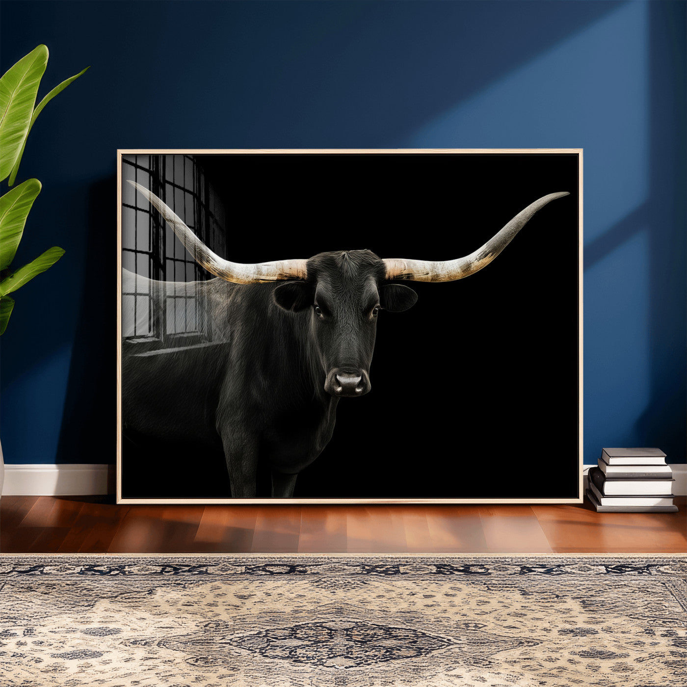 99448328-MGV-CV-36X24 - Longhorn Cattle Wall Art Canvas Print, Framed Texas Black Bull Art Picture Print, Western Cow Perfect Farmhouse Decor Artwork