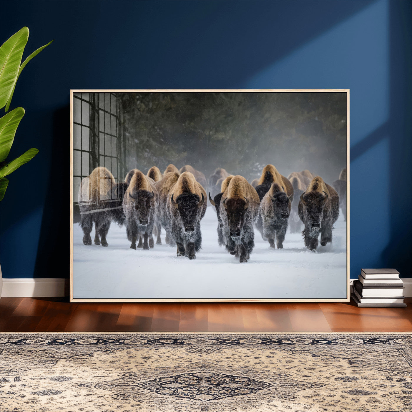 41669135-MGV-CV-36X24 - Winter Bison Herd Wall Art – Majestic Buffalo Charge Canvas Print with Snow Covered Plains, Rustic Wildlife Strength and Untamed Nature Decor for Home and Office