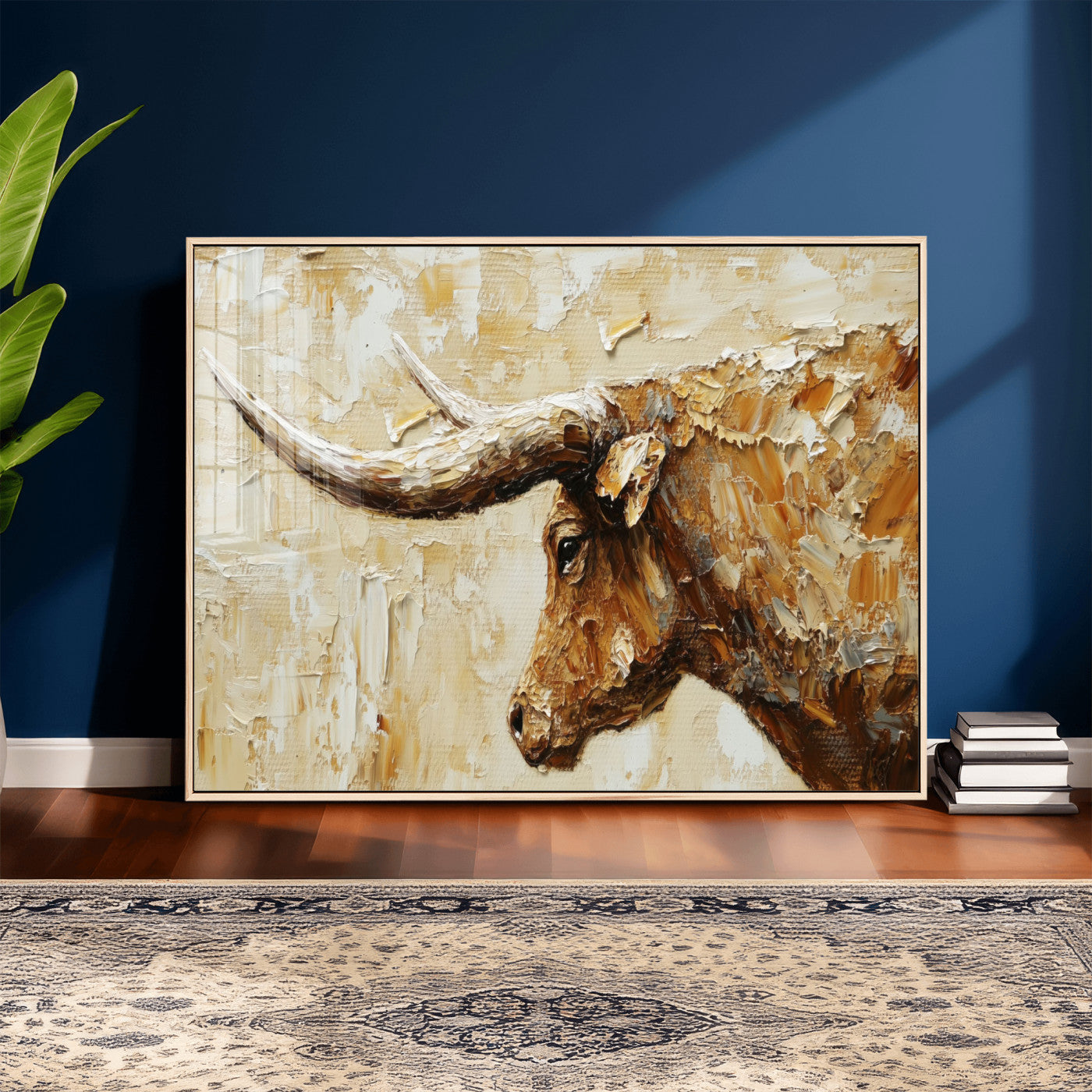 69611428-MGV-CV-36X24 - Rustic Longhorn Bull Wall Art Canvas Print – Vintage Western Cattle Painting, Texas Abstract Wall Cow Prints