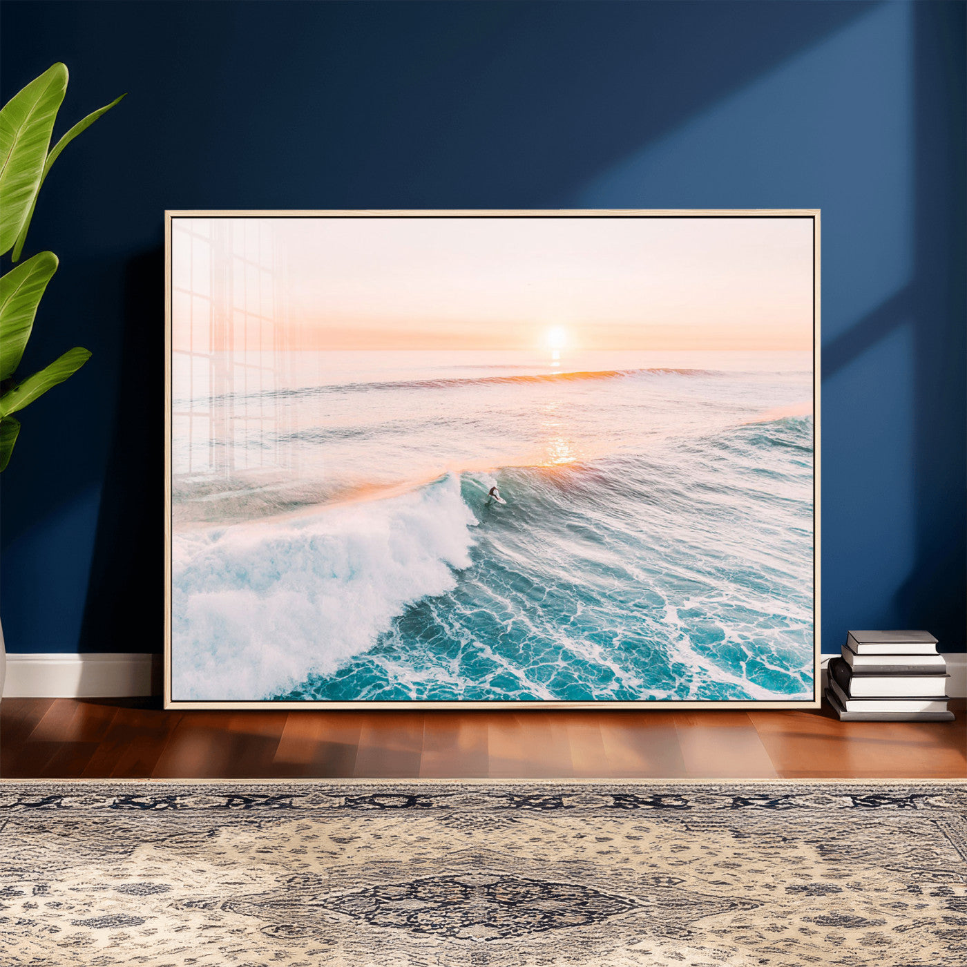 34064591-MGV-CV-36X24 - Sunset Surfing Wall Art Canvas Print, Ocean Wave Surfer with Golden Sky Artwork for Home, Office, Living Room