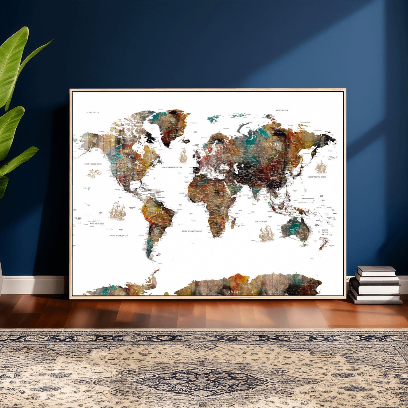 82293175-MGV-CV-36X24 - World Map Wall Art Canvas Print, Modern Decorative Framed Map Artwork Prints for Living Room, Office, Bedroom Wall Decor