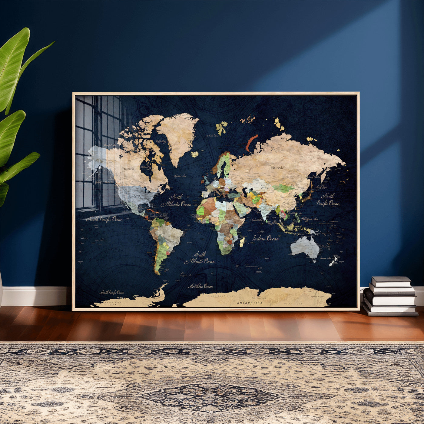 76603563-MGV-CV-36X24 - World Map Wall Art Canvas Print, Modern Decorative Framed Map Artwork Prints for Living Room, Office, Bedroom Wall Decor