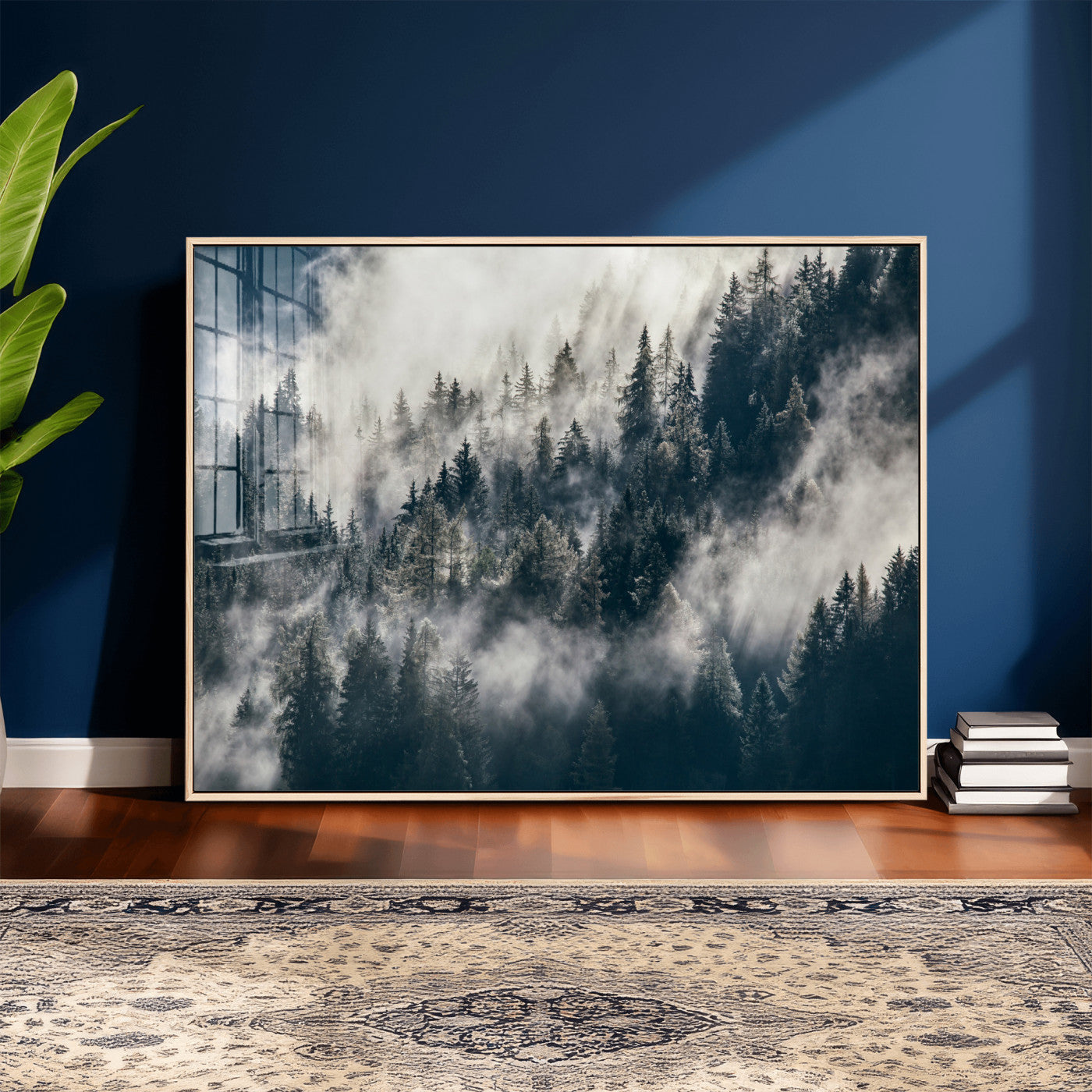 63405824-MGV-CV-36X24 - Foggy Mountain Forest Canvas Print, Misty Pine Trees Nature Wall Art, Framed Canvas Ready to Hang
