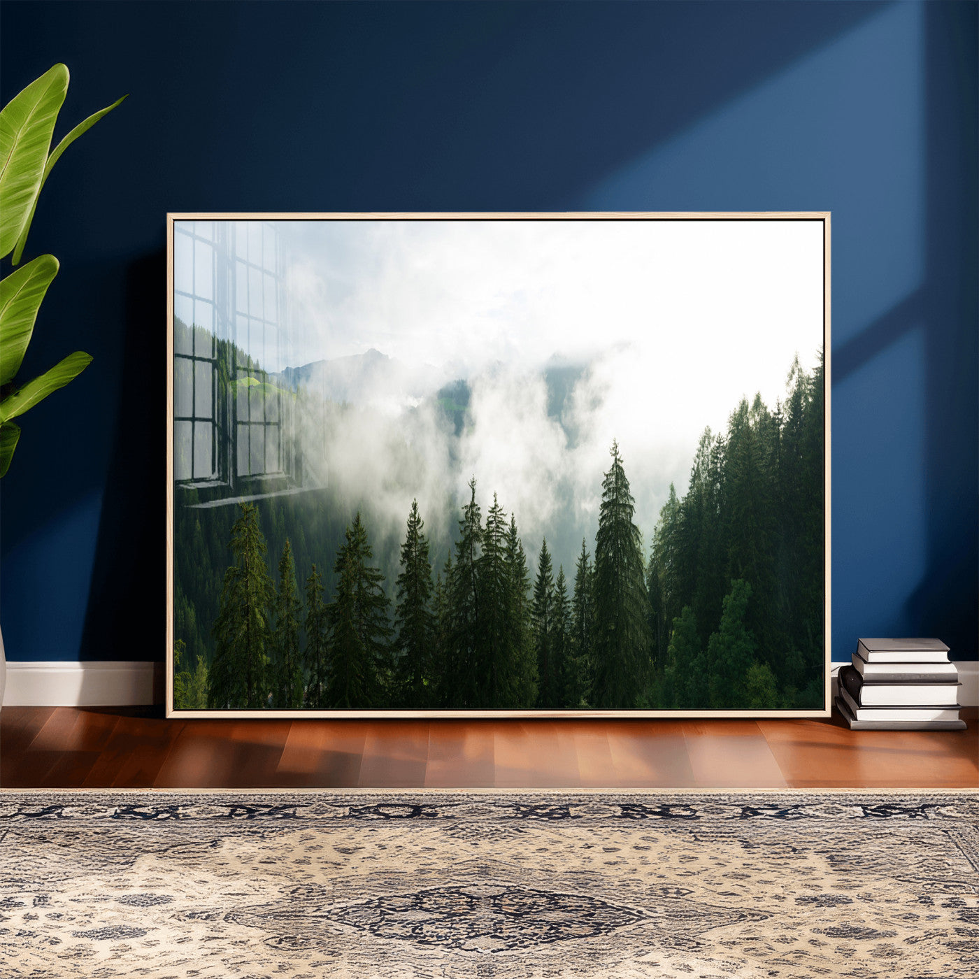 67174129-MGV-CV-36X24 - Misty Mountain Forest Canvas Print, Foggy Pine Trees Nature Wall Art, Framed Canvas Ready to Hang