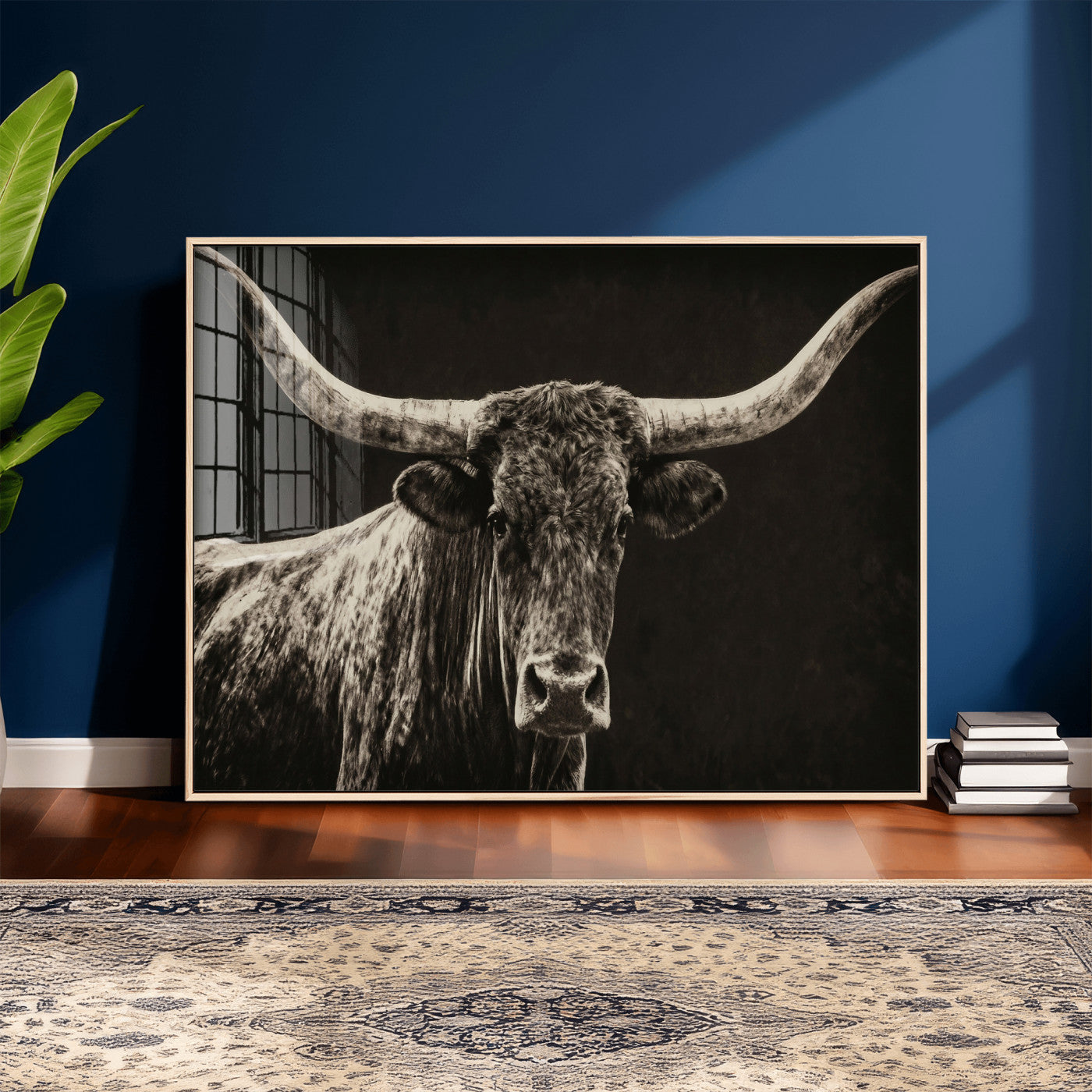 74513721-MGV-CV-36X24 - Vintage Texas Longhorn Bull Wall Art Canvas Print, Cow Portrait Photography Print, Framed Wall Art Ready to Hang