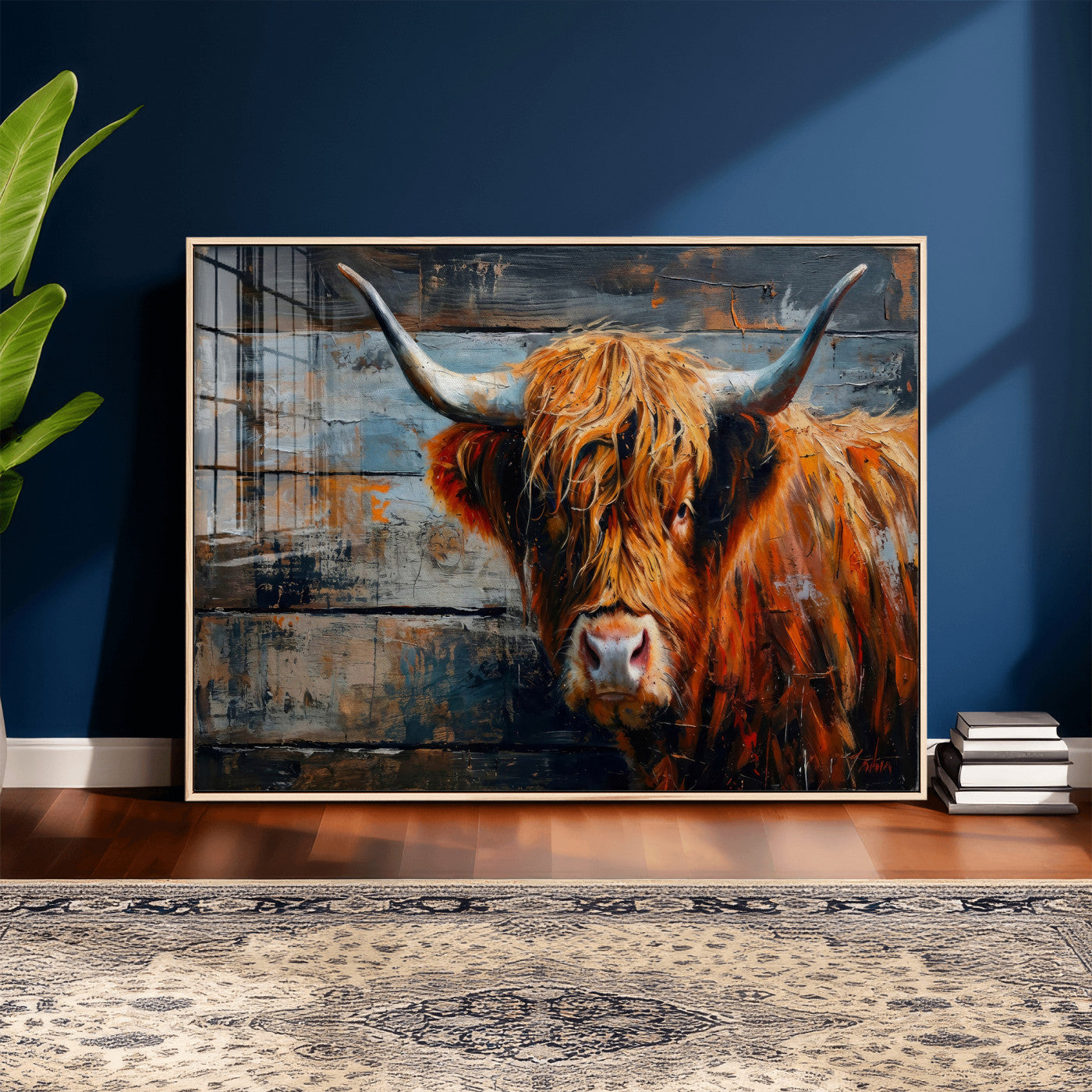 90271423-MGV-CV-36X24 - Highland Cow Wall Art Canvas Print, Abstract Rustic Farm Animal Wall Art Print, Framed Wall Art Ready to Hang