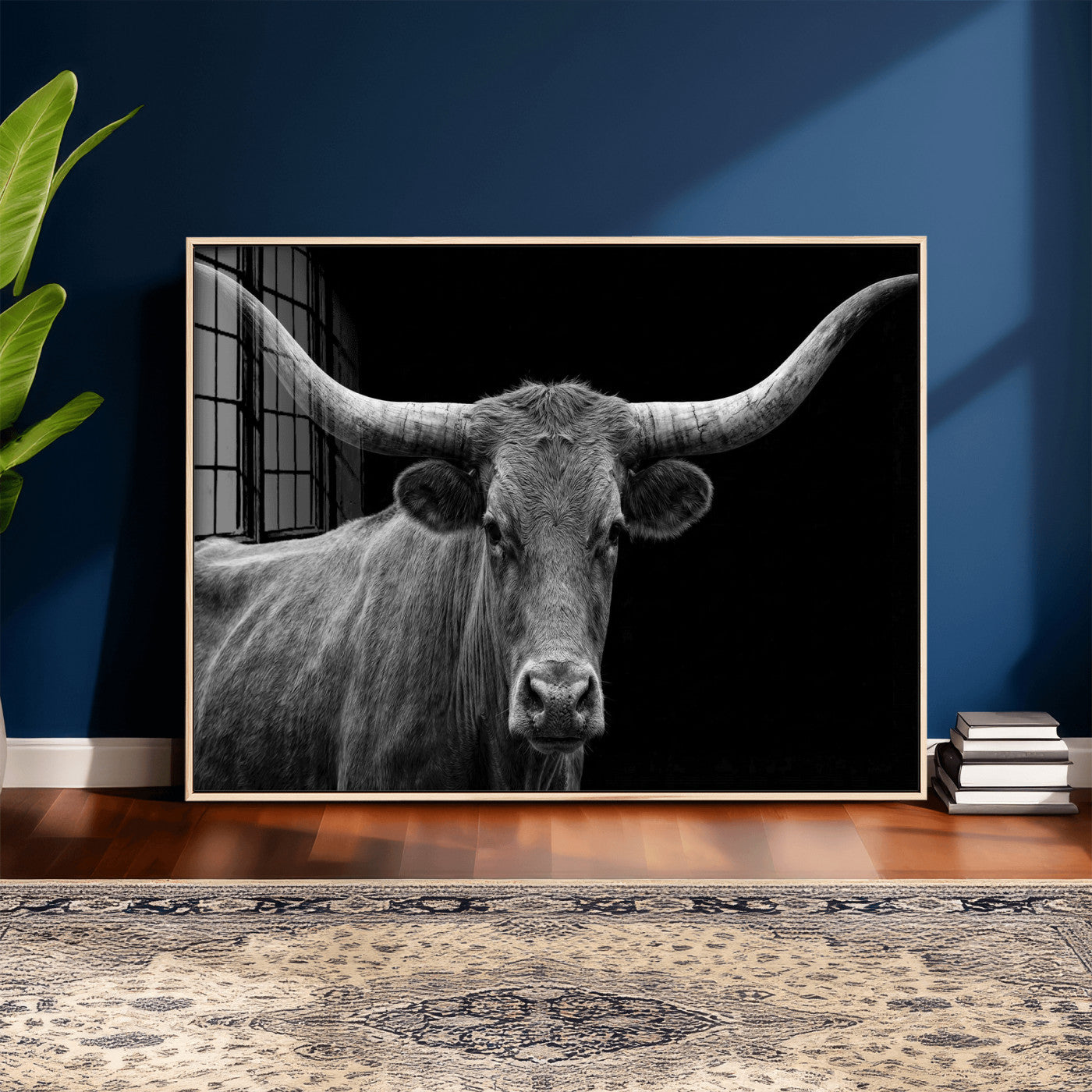 32601430-MGV-CV-36X24 - Texas Longhorn Bull Wall Art Canvas Print, Cow Portrait Photography, Framed Wall Art Ready to Hang