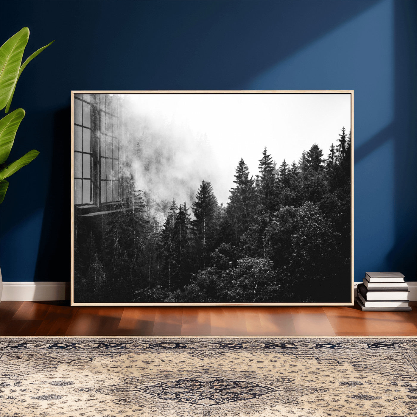 98764151-MGV-CV-36X24 - Black and White Forest Wall Art Canvas Print, Misty Pine Tree Landscape Photography, Framed Wall Art Ready to Hang