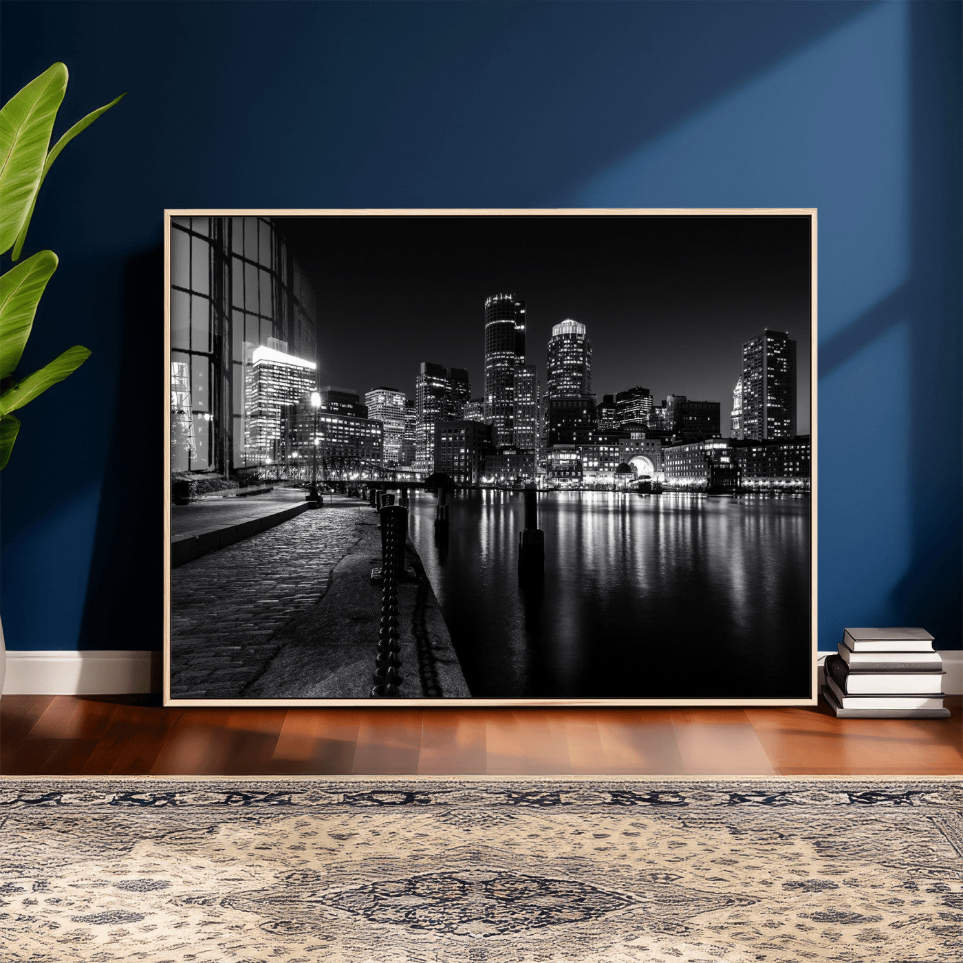 53082656-MGV-CV-36X24 - Boston Wall Art Canvas Print, Boston City Downtown Night Cityscape Print for Modern Urban Wall Decor