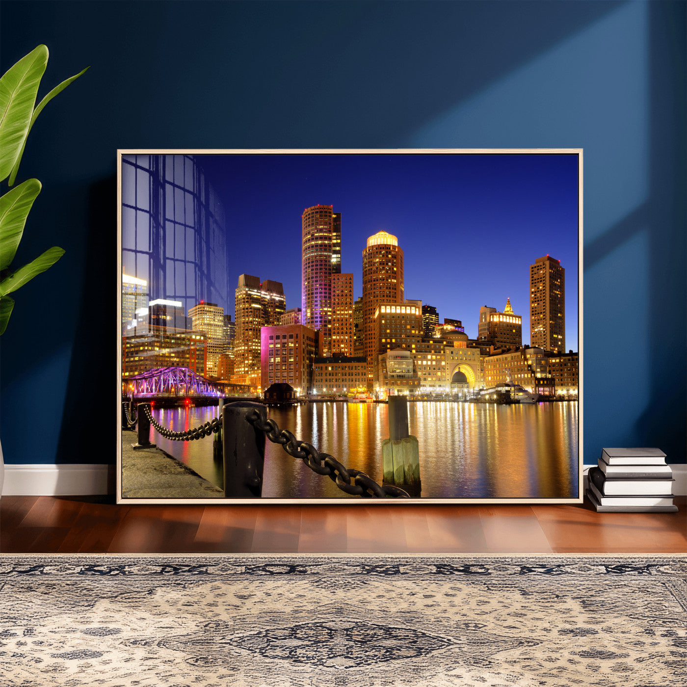 56611117-MGV-CV-36X24 - Boston Wall Art Canvas Print, Boston City Downtown Night Cityscape Print for Modern Urban Wall Decor