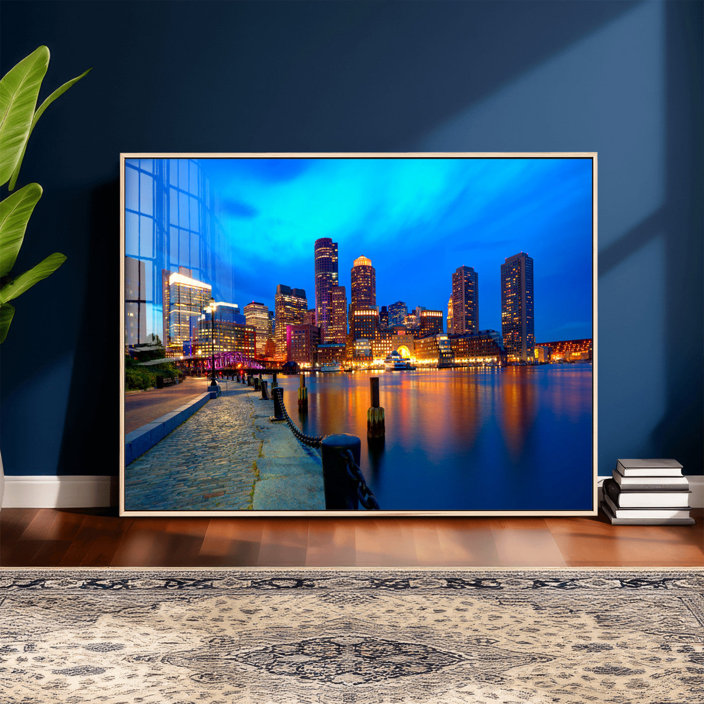 69619565-MGV-CV-36X24 - Boston Wall Art Canvas Print, Boston City Downtown Night Cityscape Print for Modern Urban Wall Decor