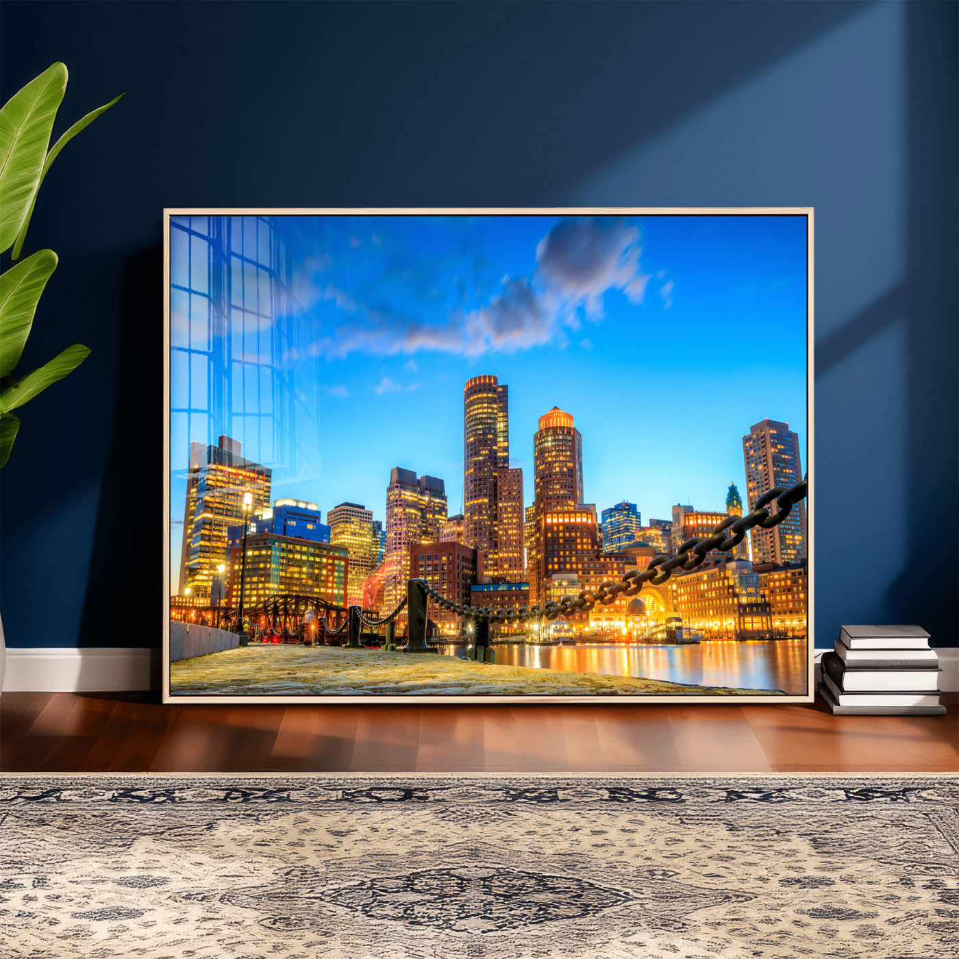 46736409-MGV-CV-36X24 - Boston Wall Art Canvas Print, Boston City Downtown Night Cityscape Print for Modern Urban Wall Decor