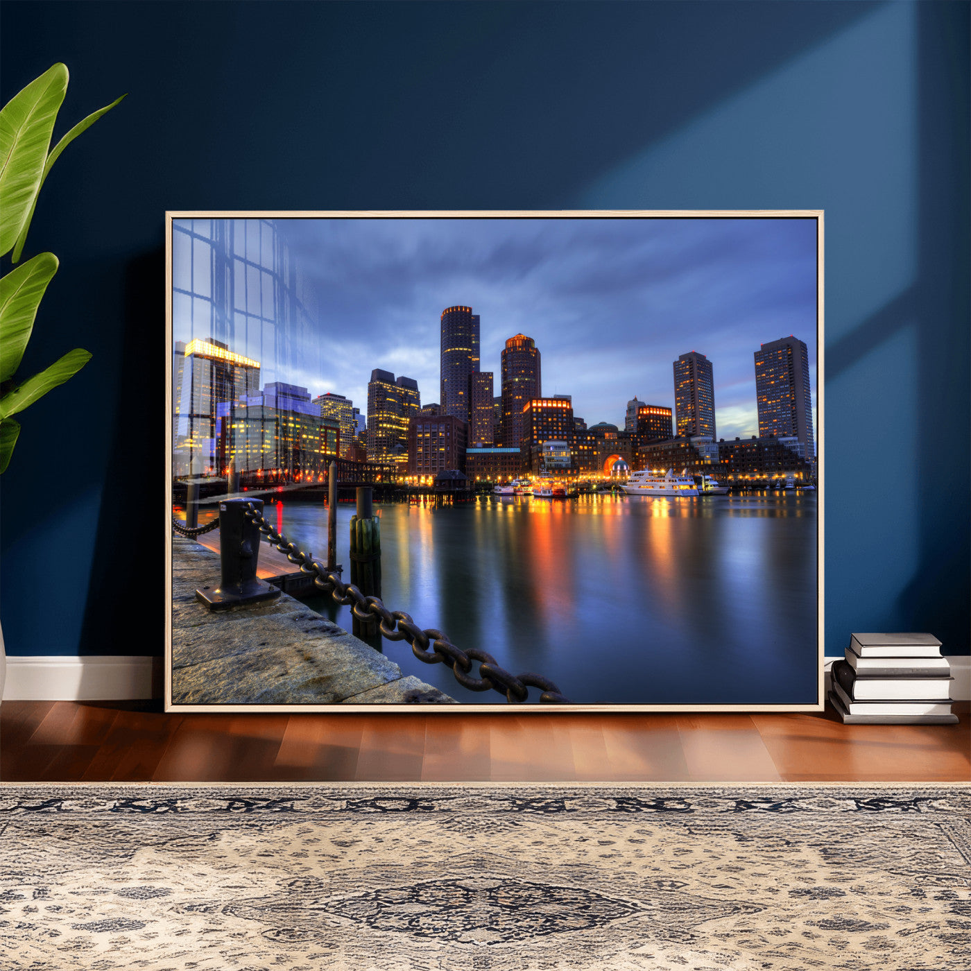 82439622-MGV-CV-36X24 - Boston Wall Art Canvas Print, Boston City Downtown Night Cityscape Print for Modern Urban Wall Decor