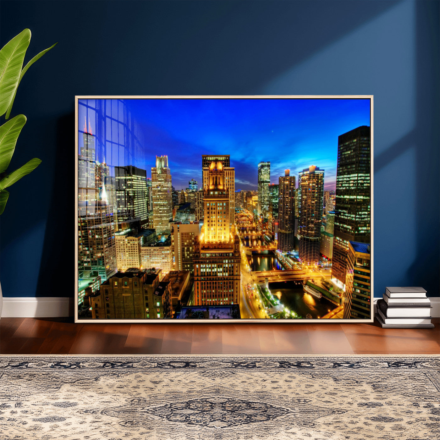 46298885-MGV-CV-36X24 - Chicago Wall Art Canvas Print, Chicago City Downtown Night Cityscape Print for Modern Urban Wall Decor