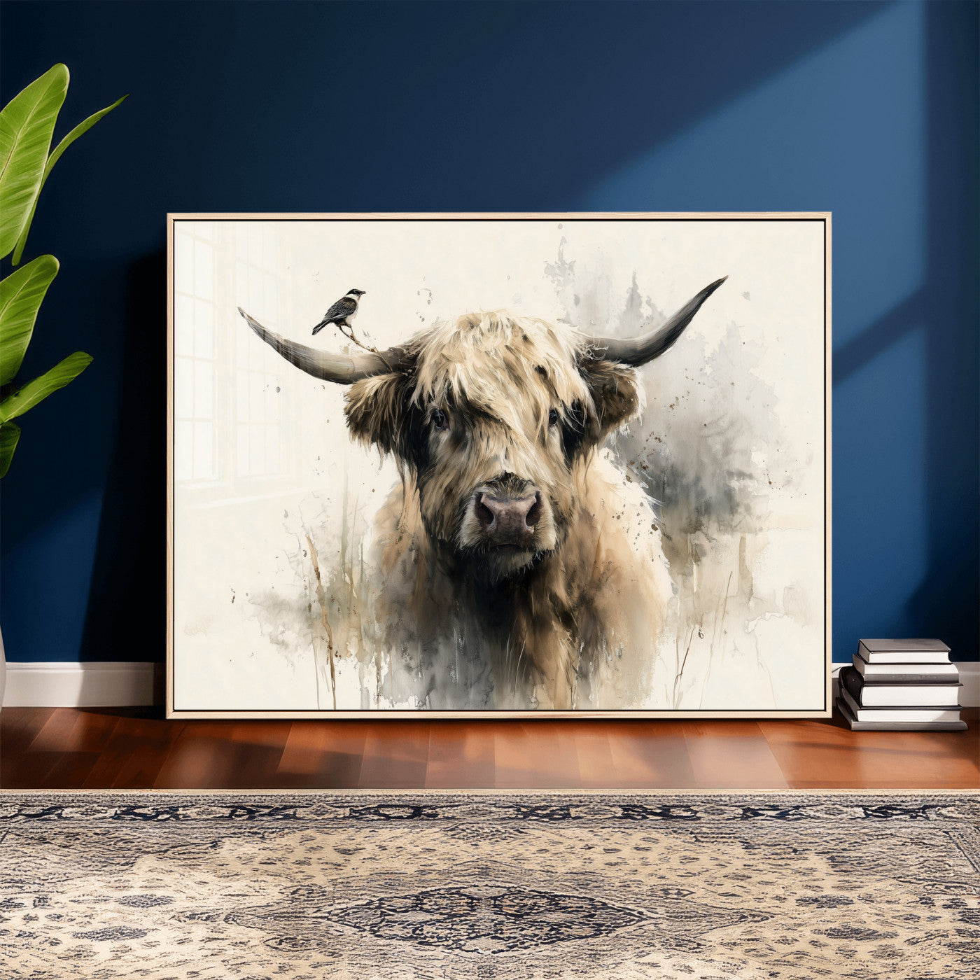 98249290-MGV-CV-36X24 - Abstract Highland Cow Watercolor Animal Wall Art Canvas Print, Rustic Farm Cattle Portrait Canvas Print, Neutral Wildlife Farmhouse Art Printing