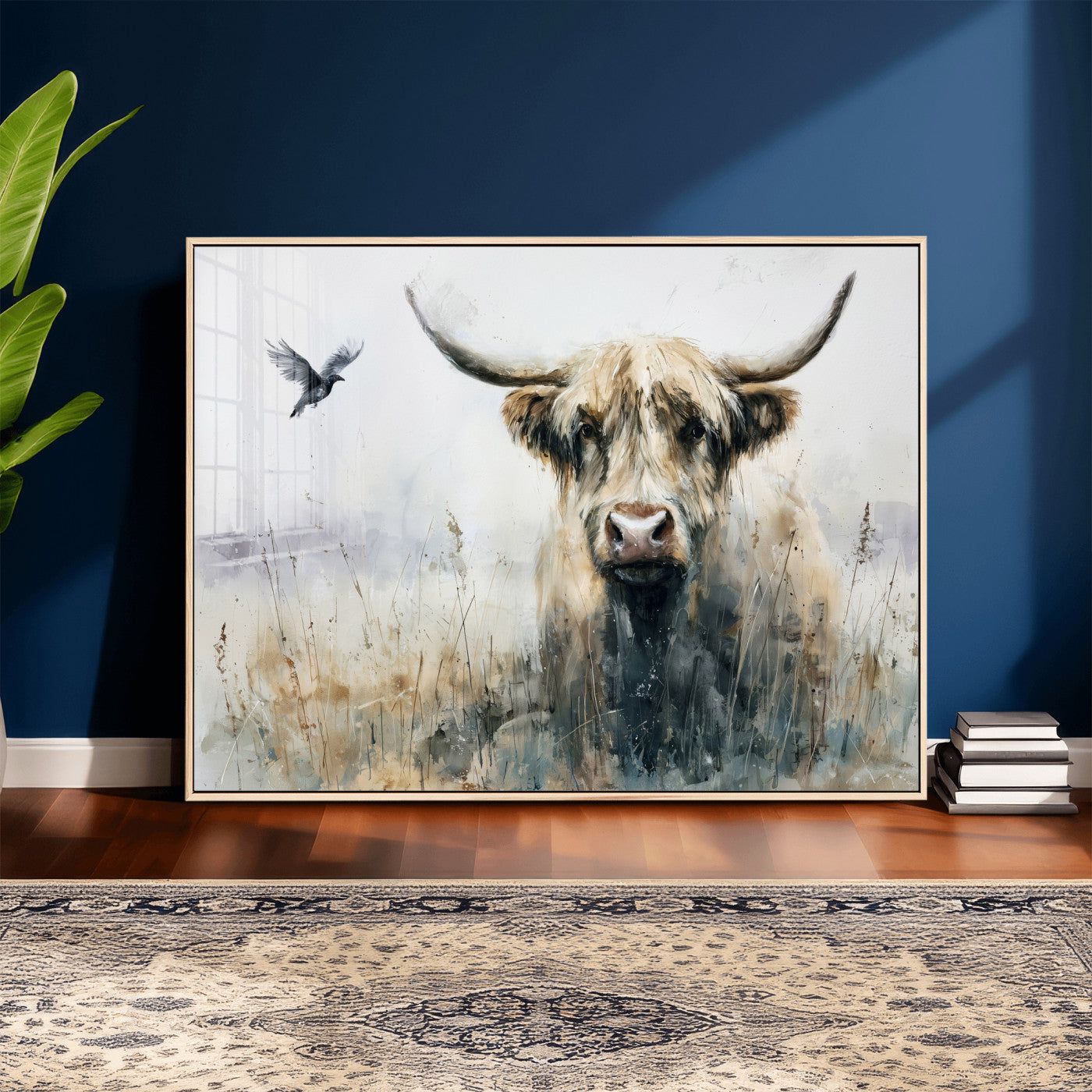 55652651-MGV-CV-36X24 - Abstract Highland Cow Watercolor Animal Wall Art Canvas Print, Rustic Farm Cattle Portrait Canvas Print, Neutral Wildlife Farmhouse Art Printing